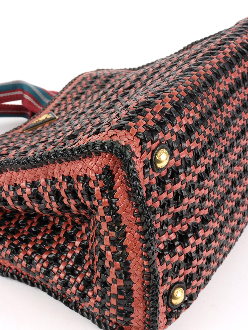 Prada Red/Black Madras Woven Leather Tote Bag