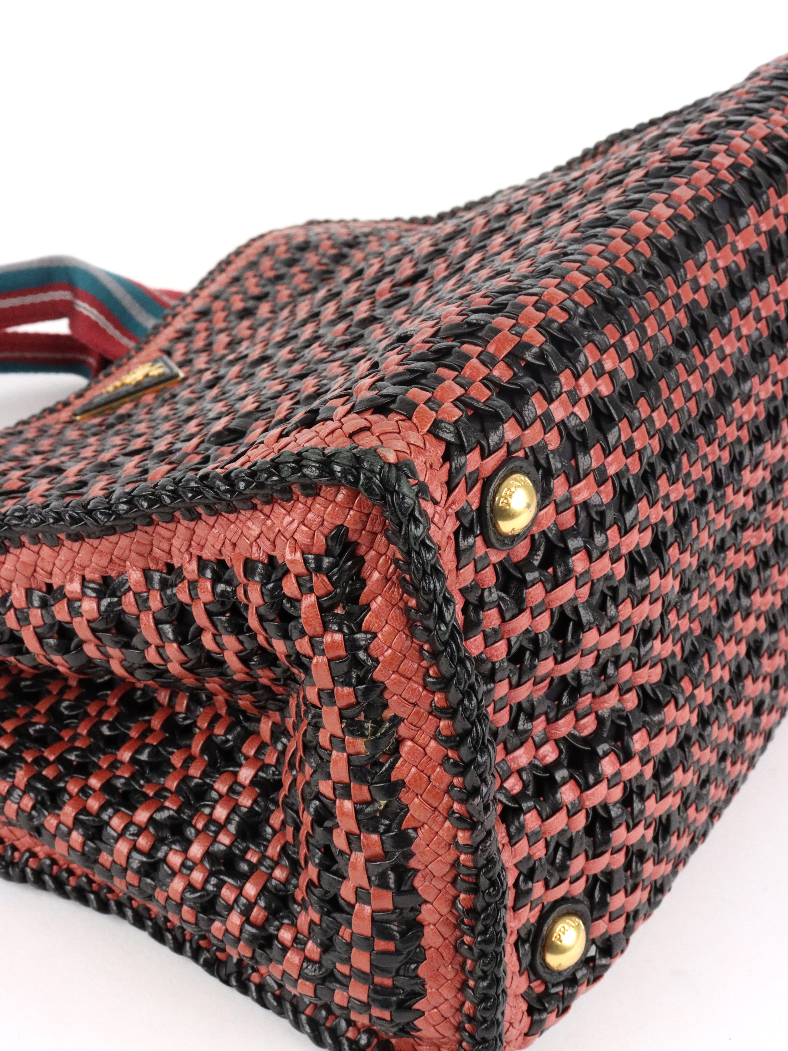 Prada Red/Black Madras Woven Leather Tote Bag