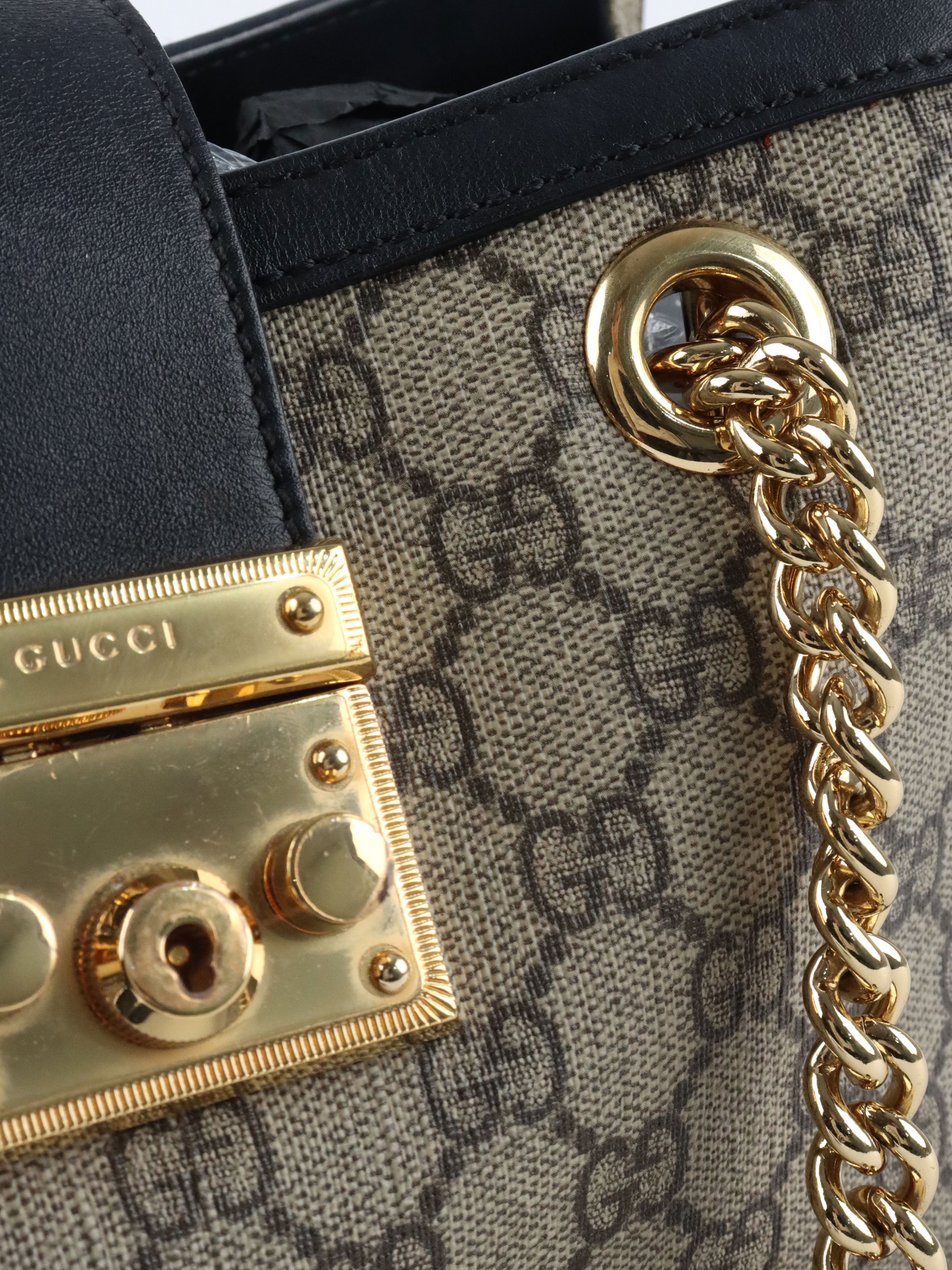 Gucci Small Black GG Supreme Canvas Padlock Tote.