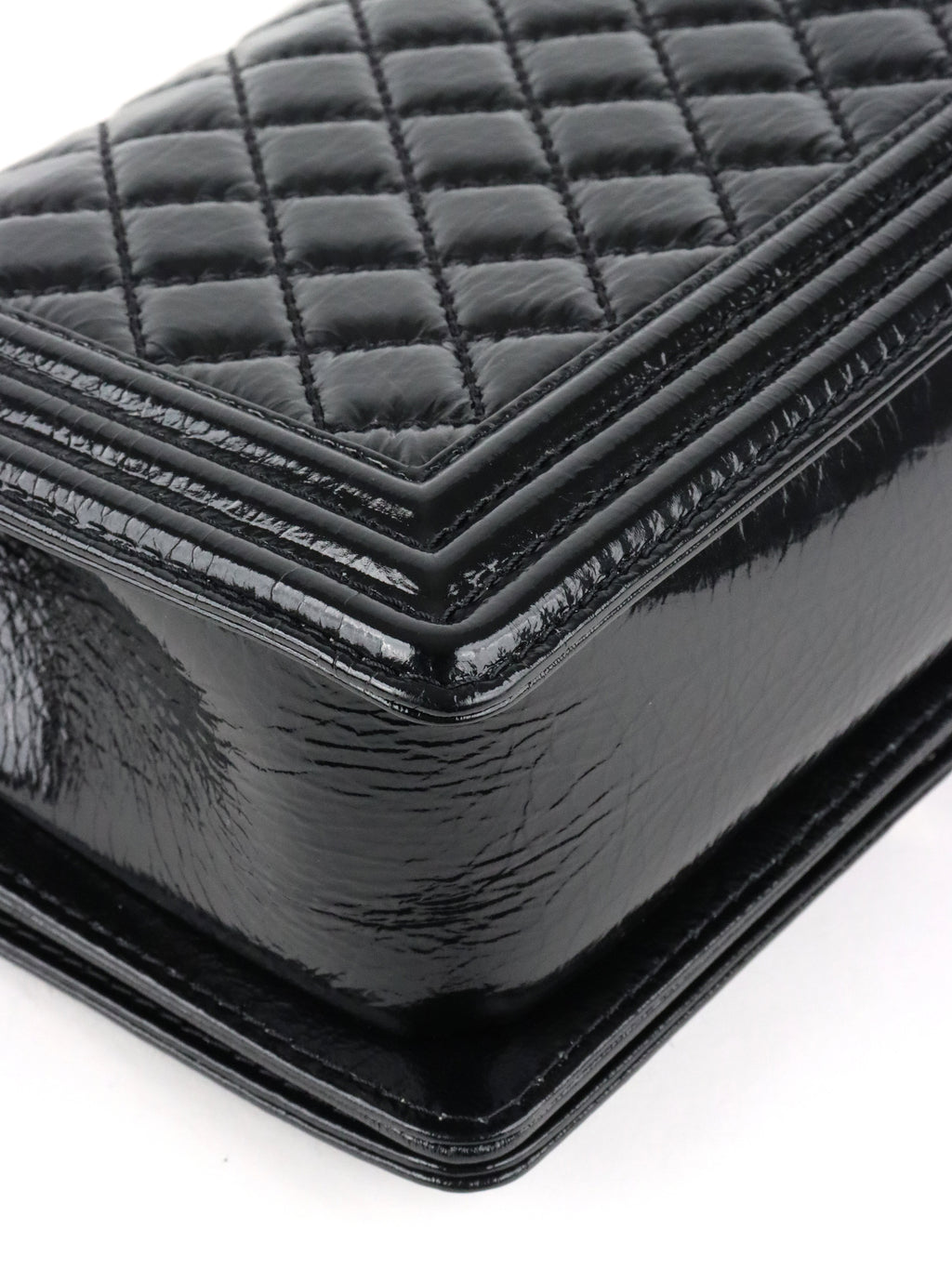 Chanel Black Crinkled Patent with Diamond Quilted Lock Medium Boy Bag
