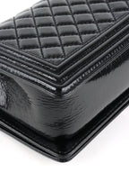 Chanel Black Crinkled Patent with Diamond Quilted Lock Medium Boy Bag