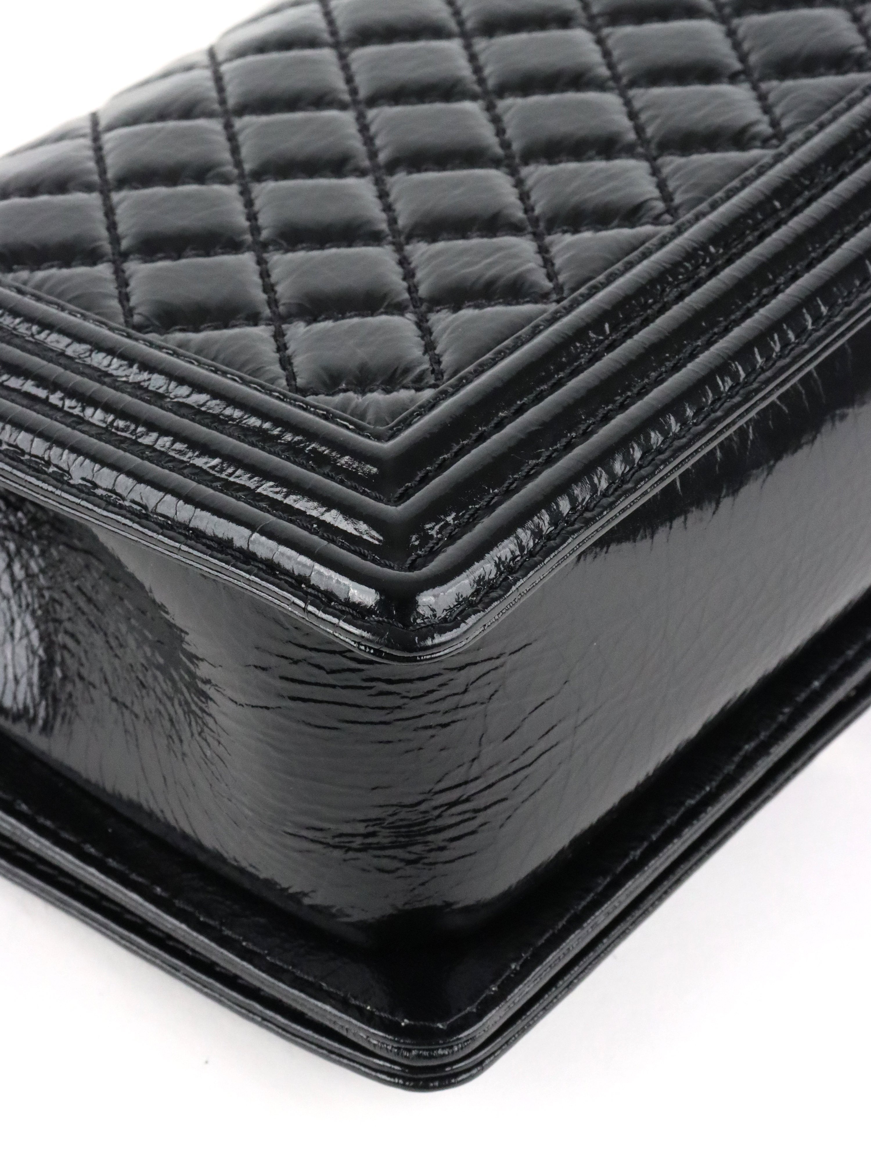 Chanel Black Crinkled Patent with Diamond Quilted Lock Medium Boy Bag