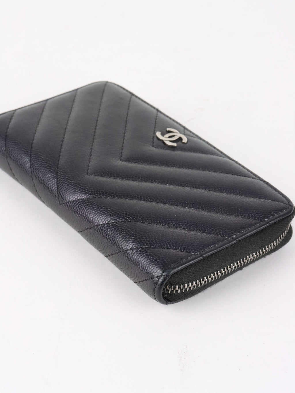 Chanel Irredescent Dark Charcoal Caviar Chevron Zip Wallet
