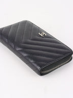 Chanel Irredescent Dark Charcoal Caviar Chevron Zip Wallet
