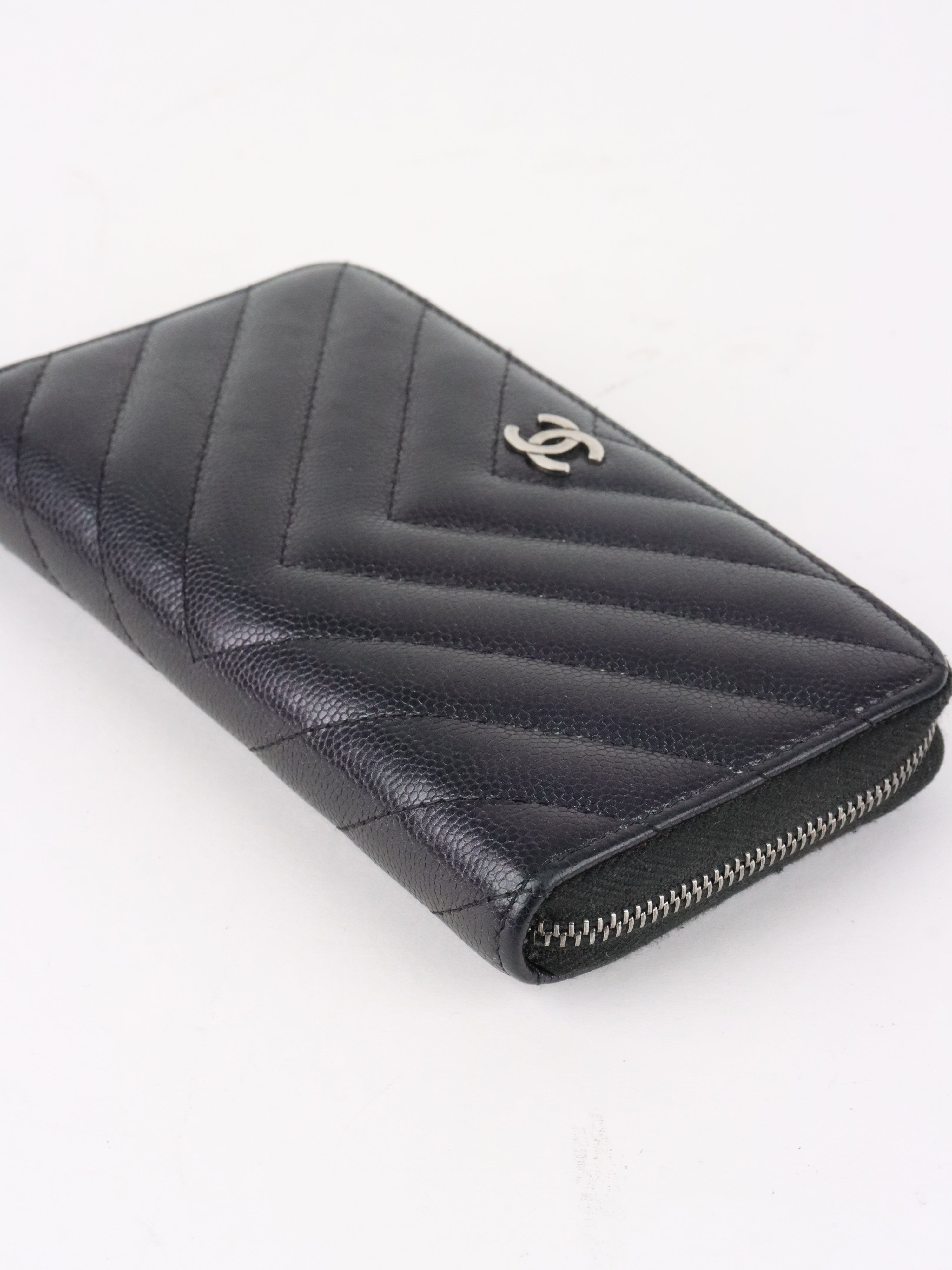 Chanel Irredescent Dark Charcoal Caviar Chevron Zip Wallet