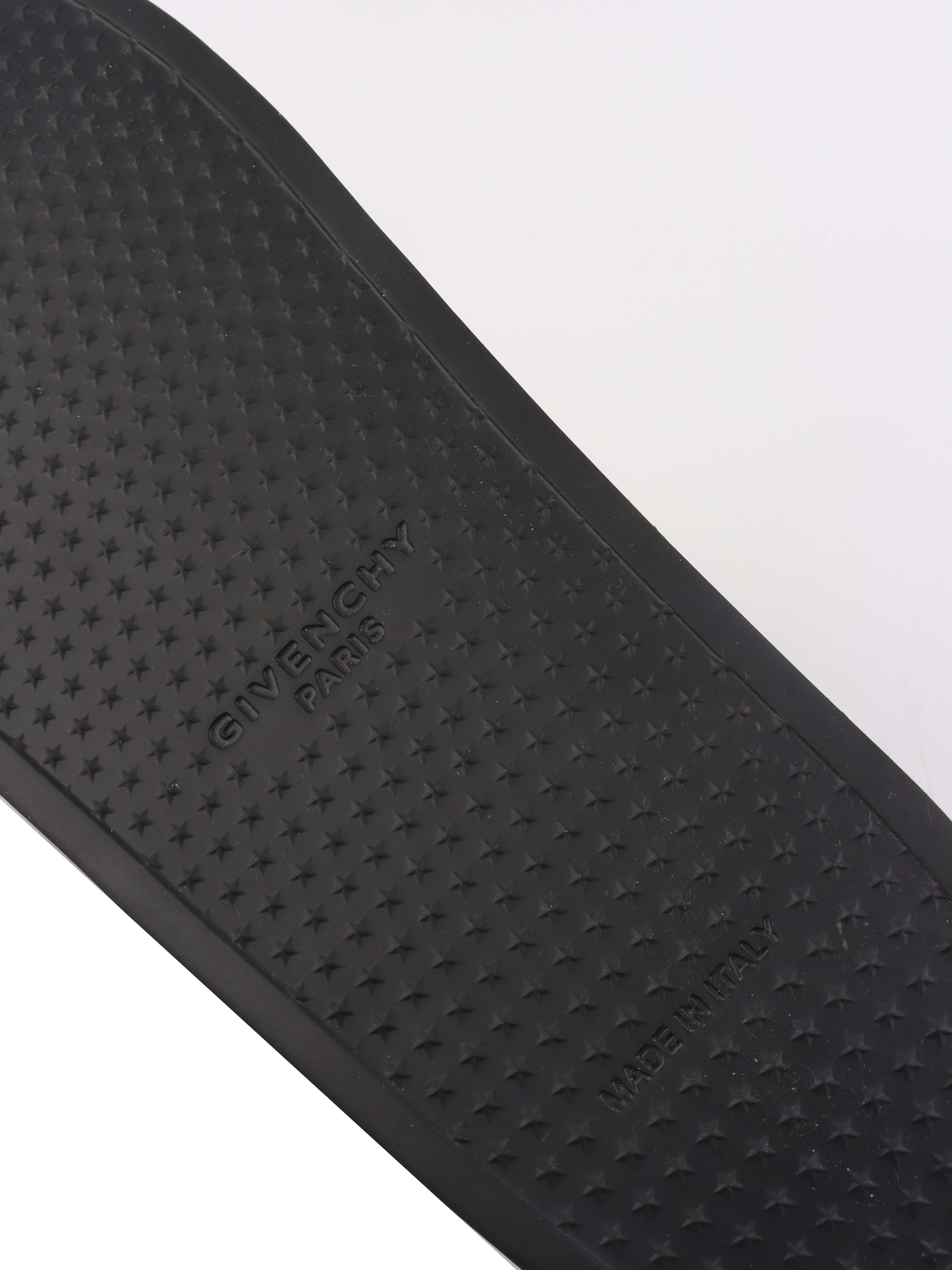 Givenchy Black/ Orange Iridescent Logo Slide Sandal.