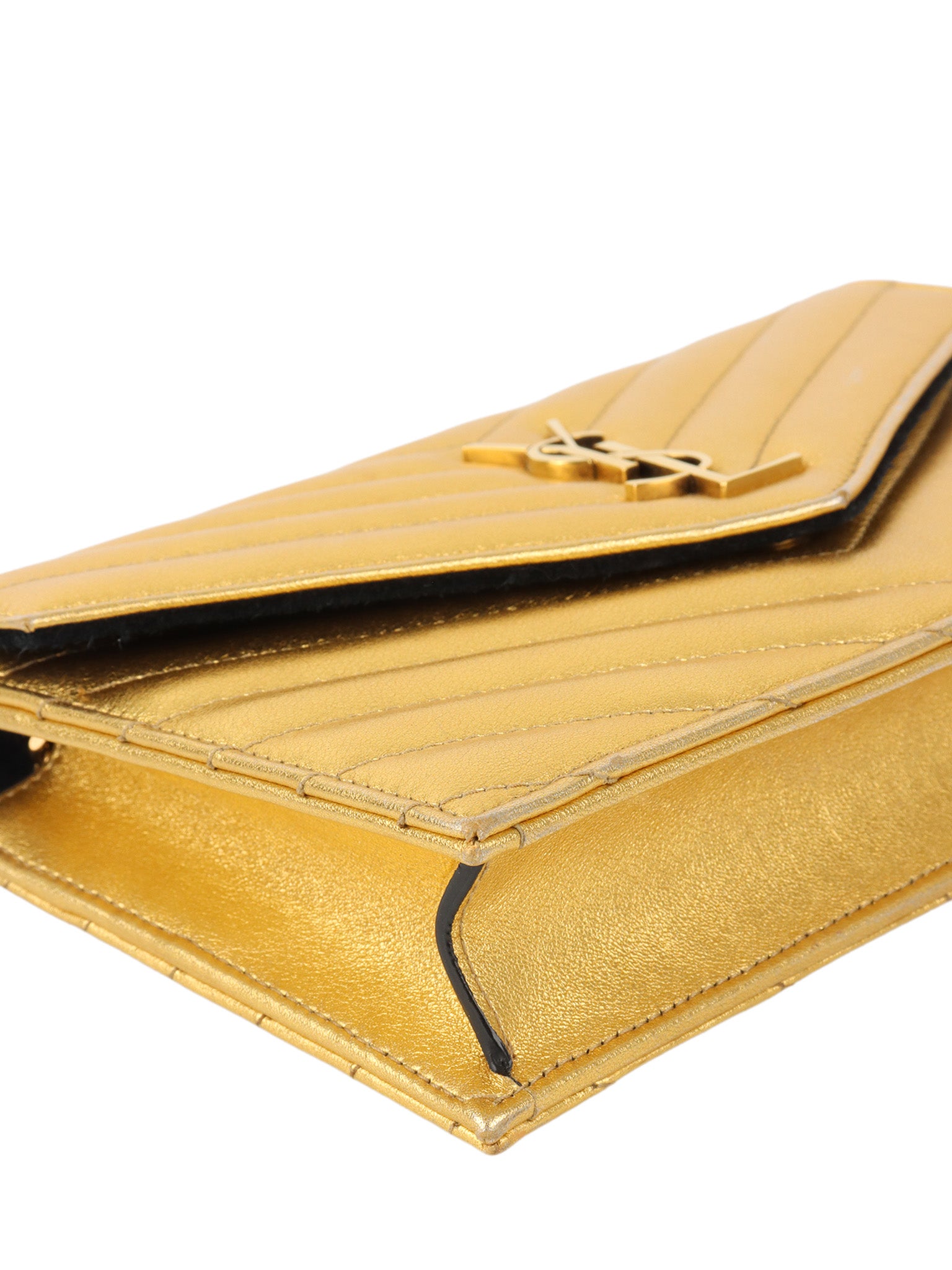 Saint Laurent Cassandra Matelasse Gold Envelope Chain Wallet.