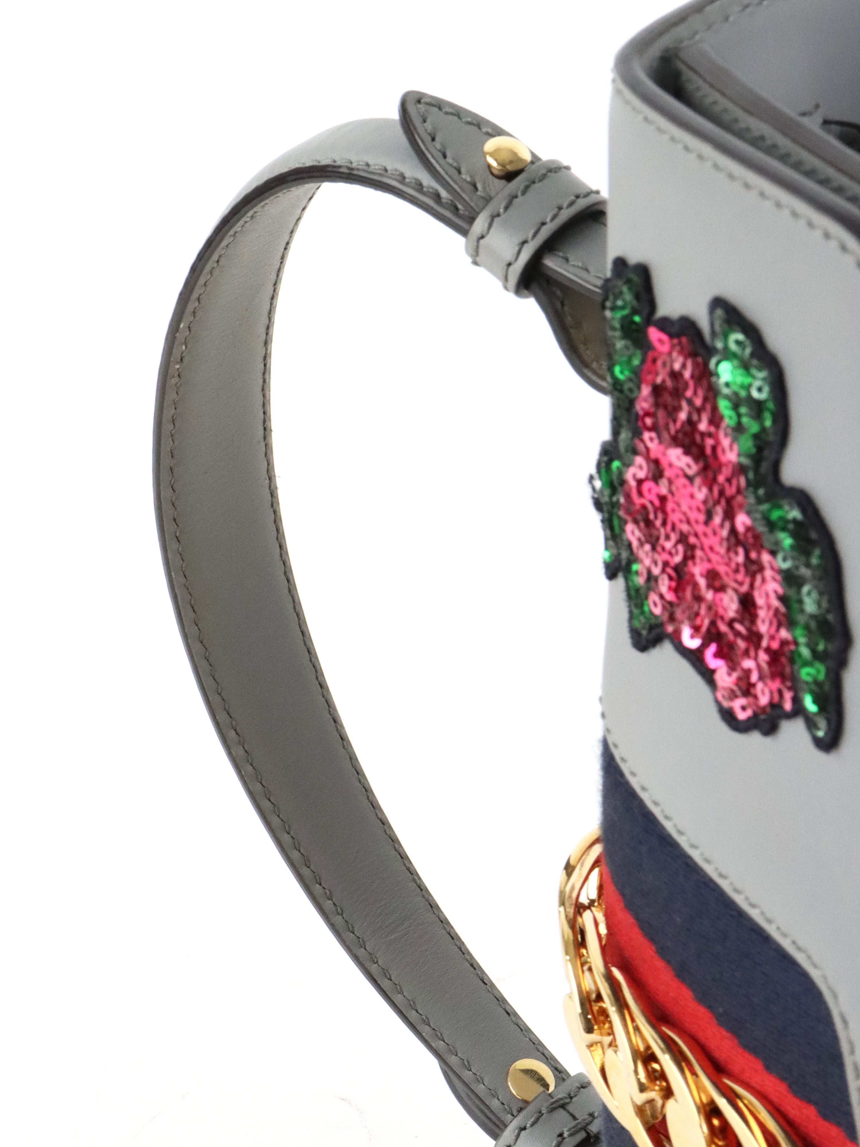 Gucci Medium Grey Floral Sequin Sylvie Top Handle Bag