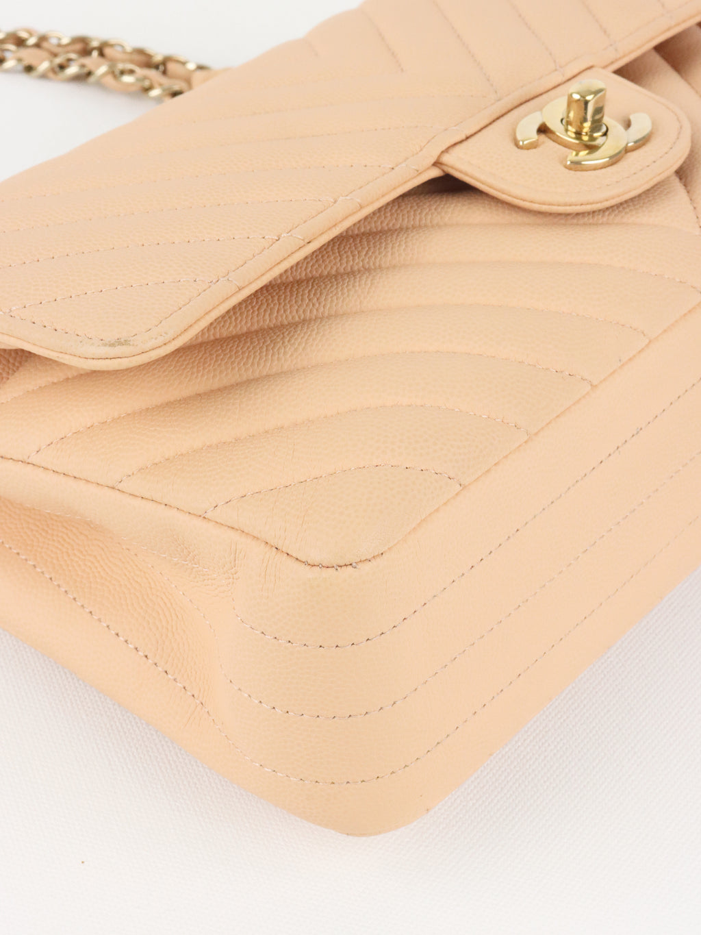 Chanel Beige Claire Chevron Caviar Classic Flap