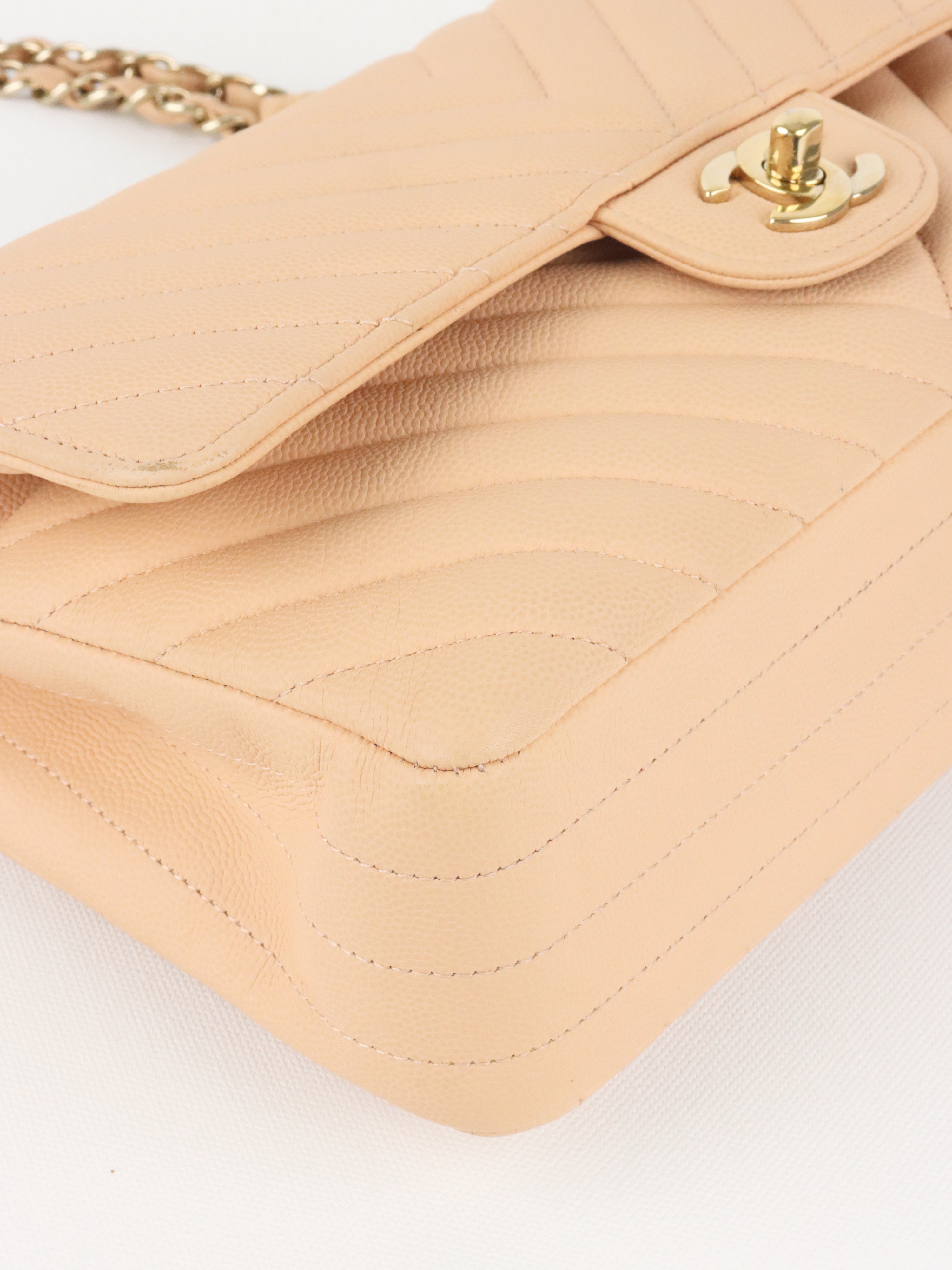 Chanel Beige Claire Chevron Caviar Classic Flap