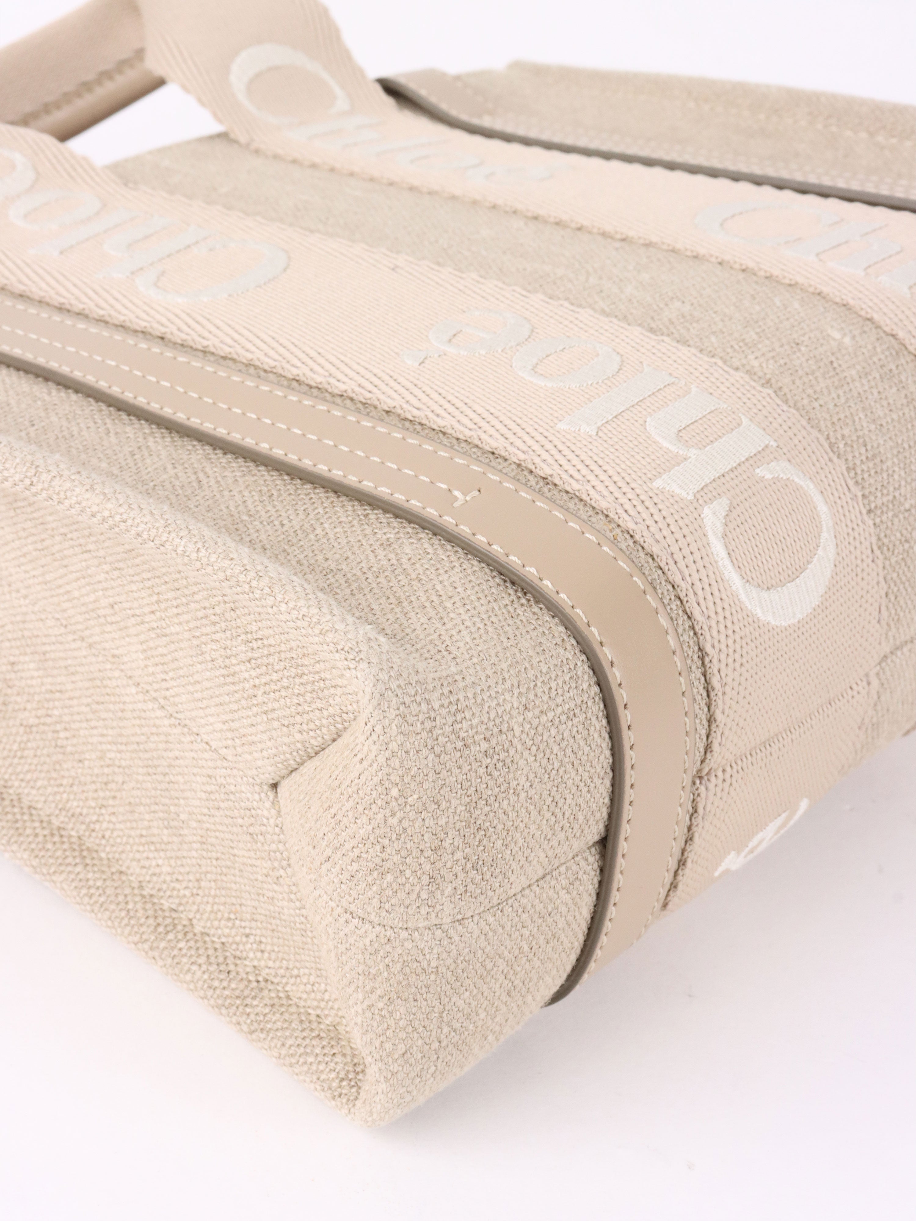 Chloe Neutral Small Woody Linen Tote Bag