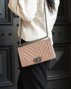 Chanel Dark Beige Chevron Old Medium Caviar Boy Bag