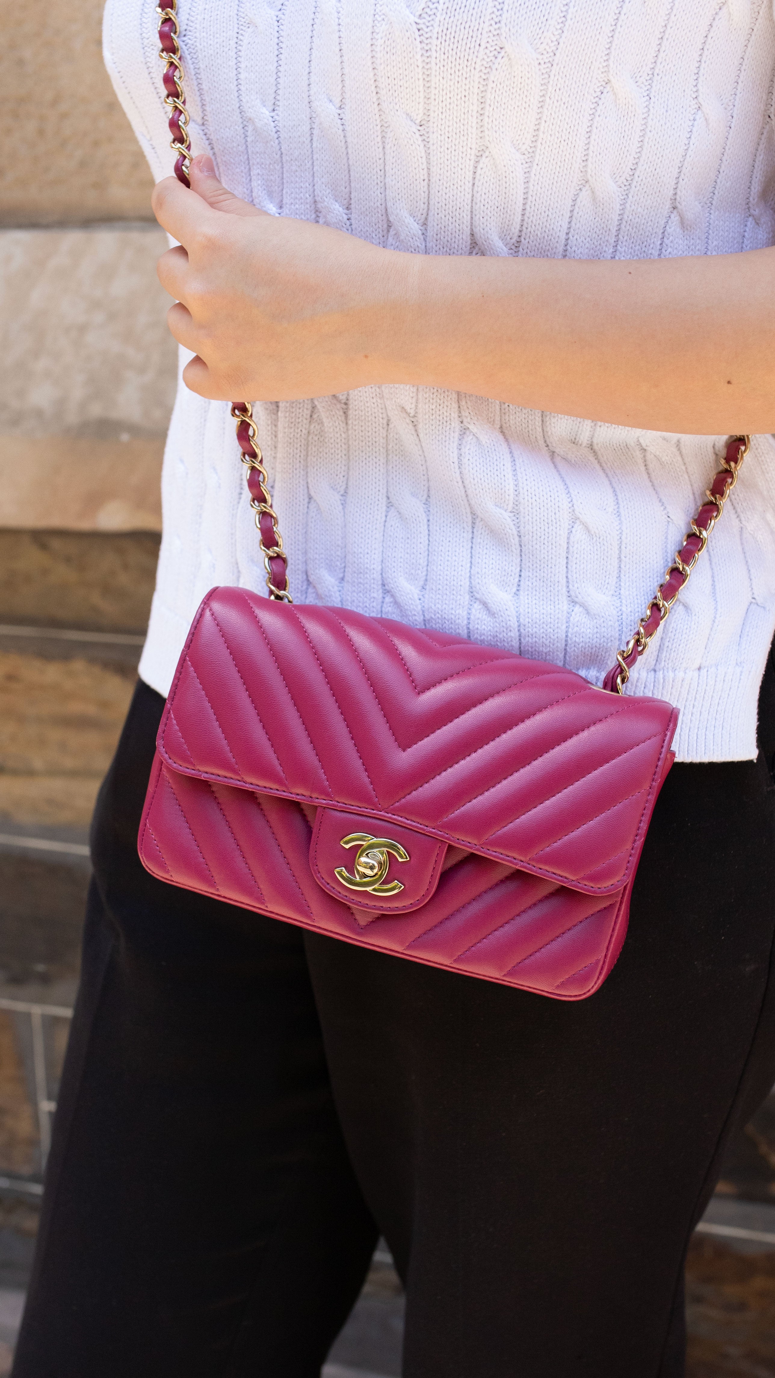 Chanel Dark Pink Lambskin Chevron Mini Flap Bag LGHW.