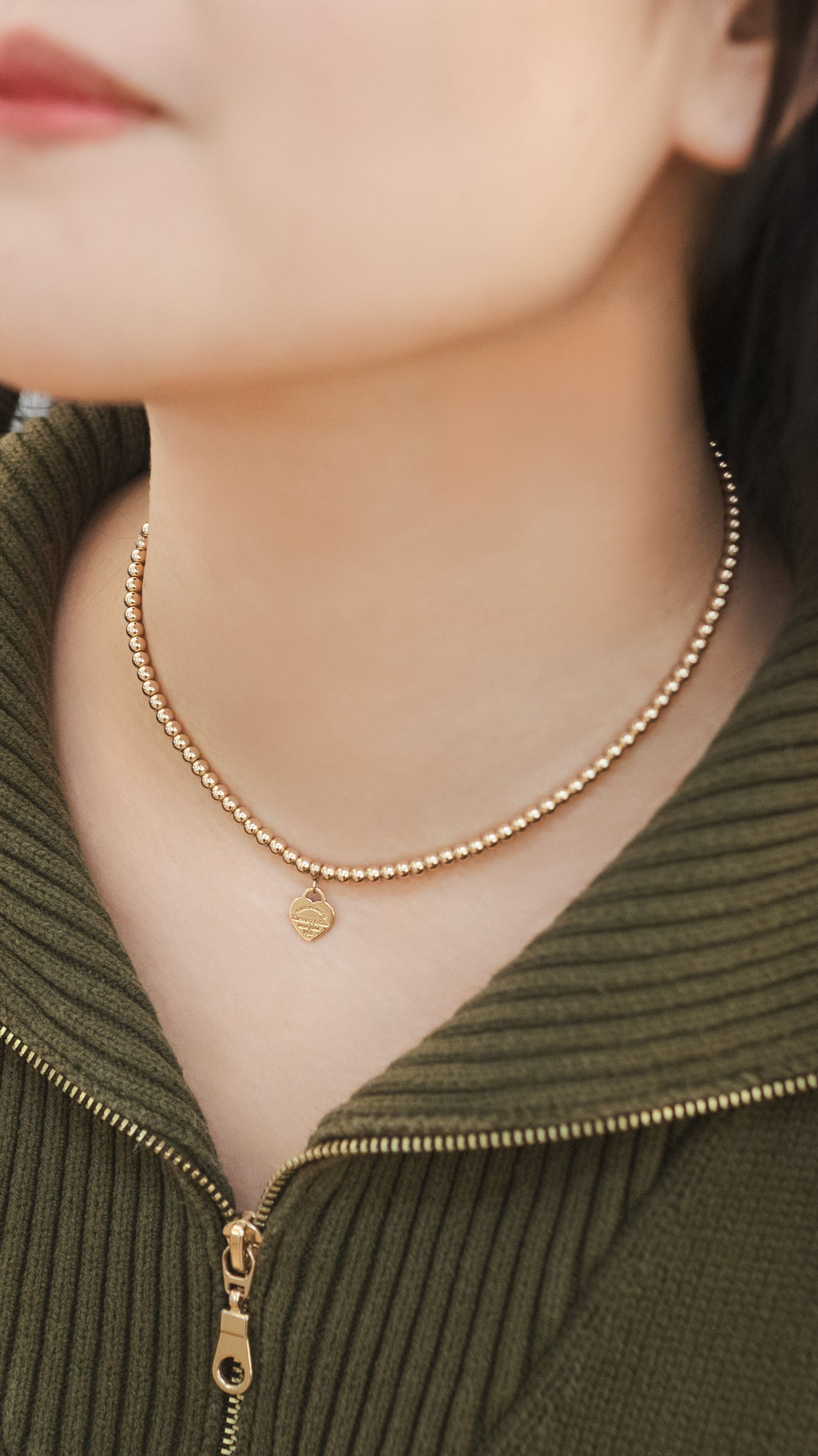 Tiffany & Co Yellow Gold Mini Heart Tag Bead Necklace