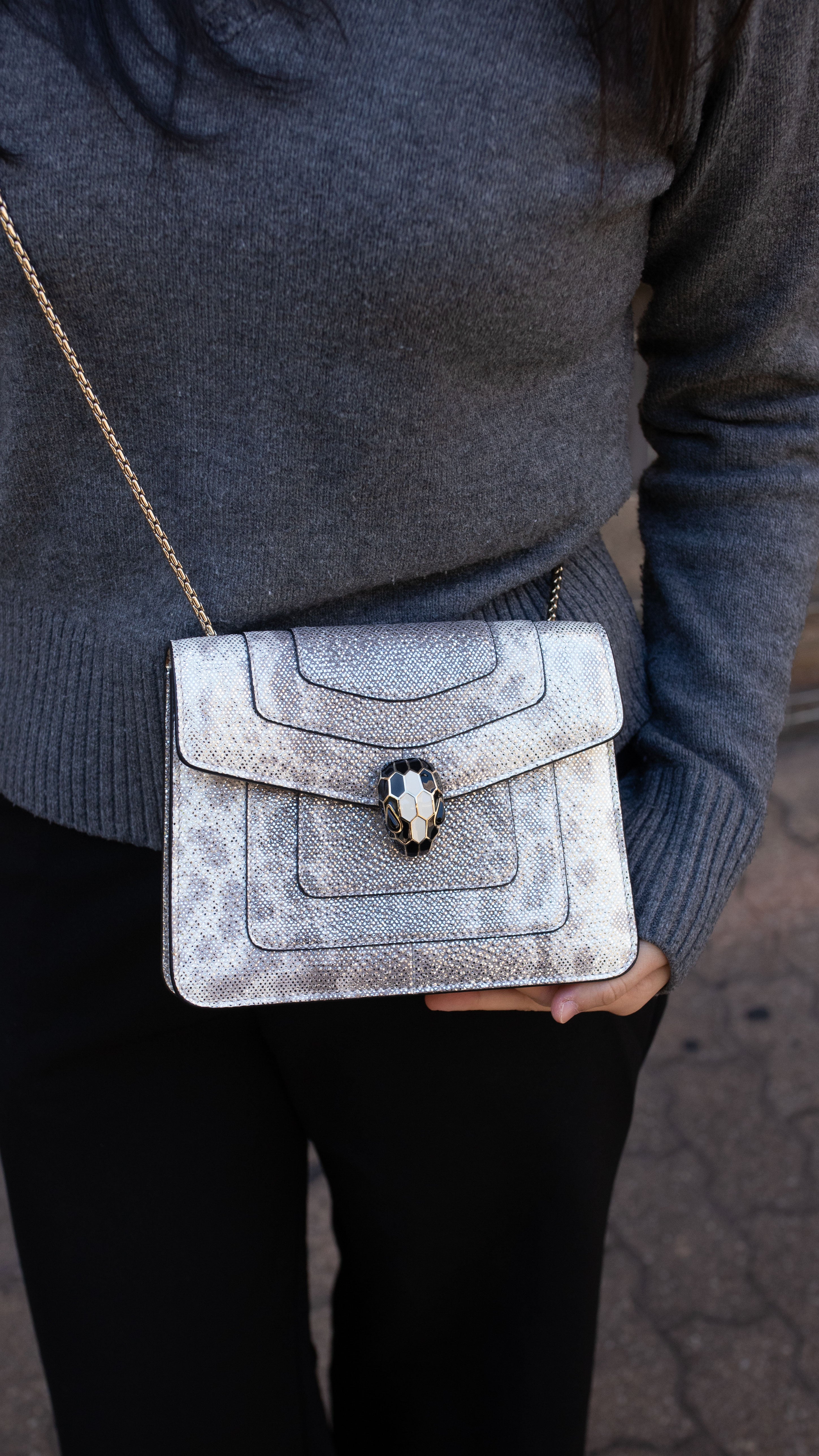 Bvlgari Small Silver and White Serpenti Forever Shoulder Bag.