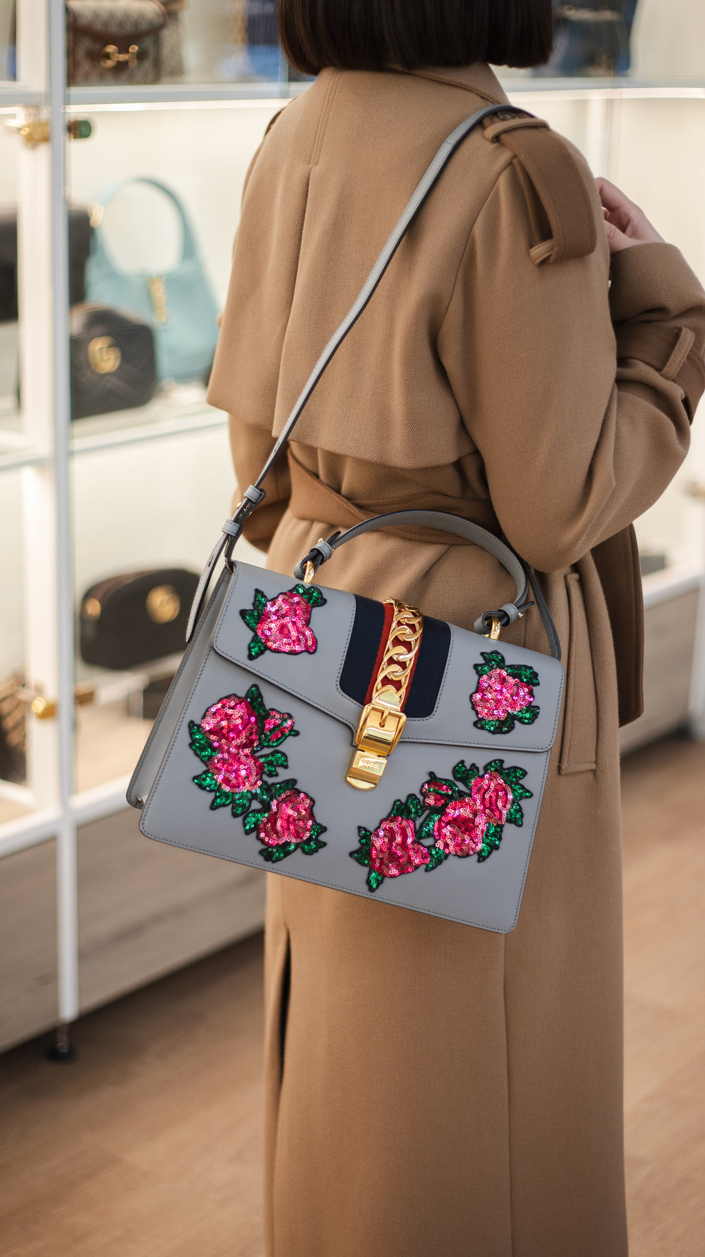 Gucci Medium Grey Floral Sequin Sylvie Top Handle Bag