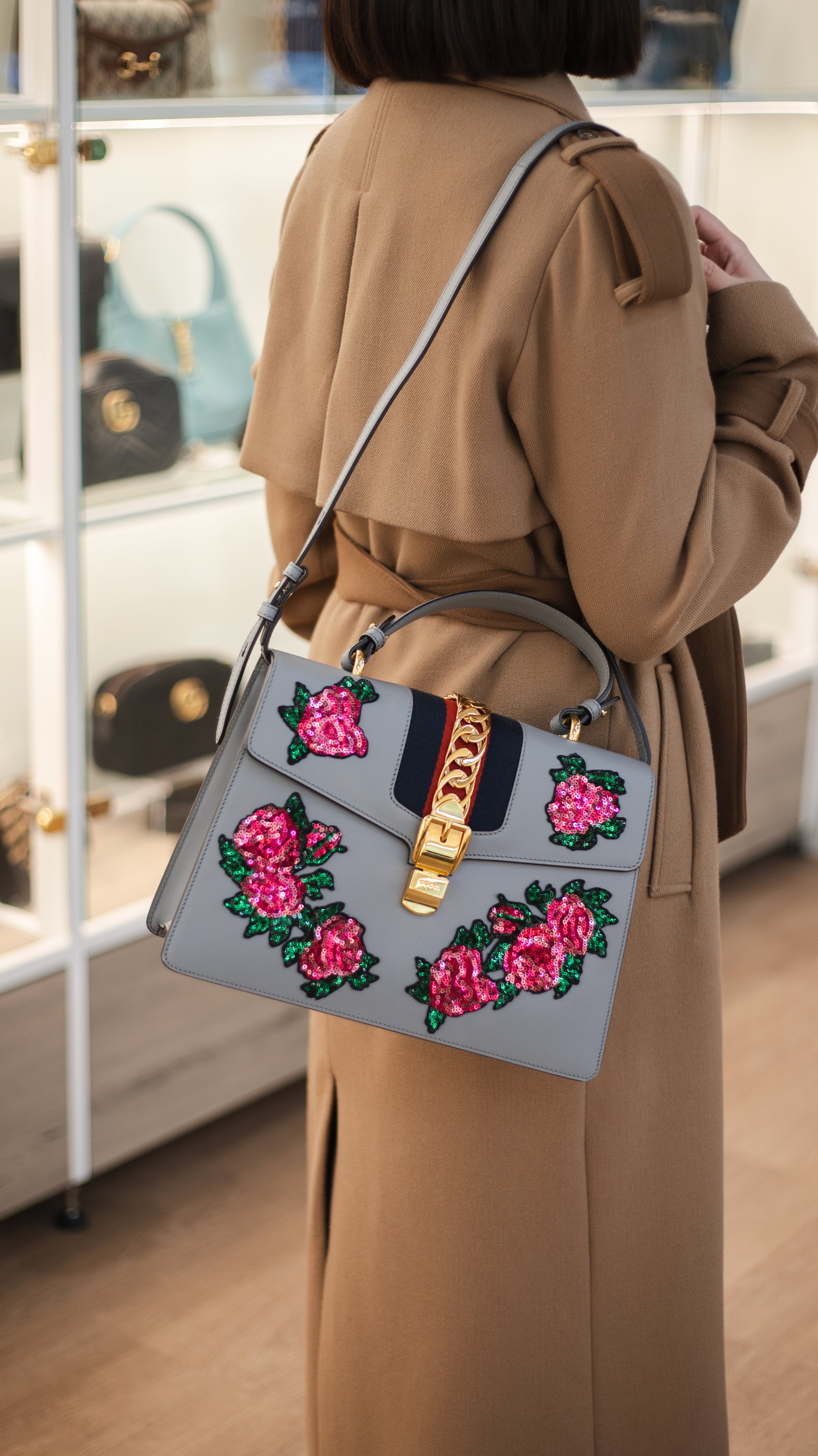 Gucci Medium Grey Floral Sequin Sylvie Top Handle Bag