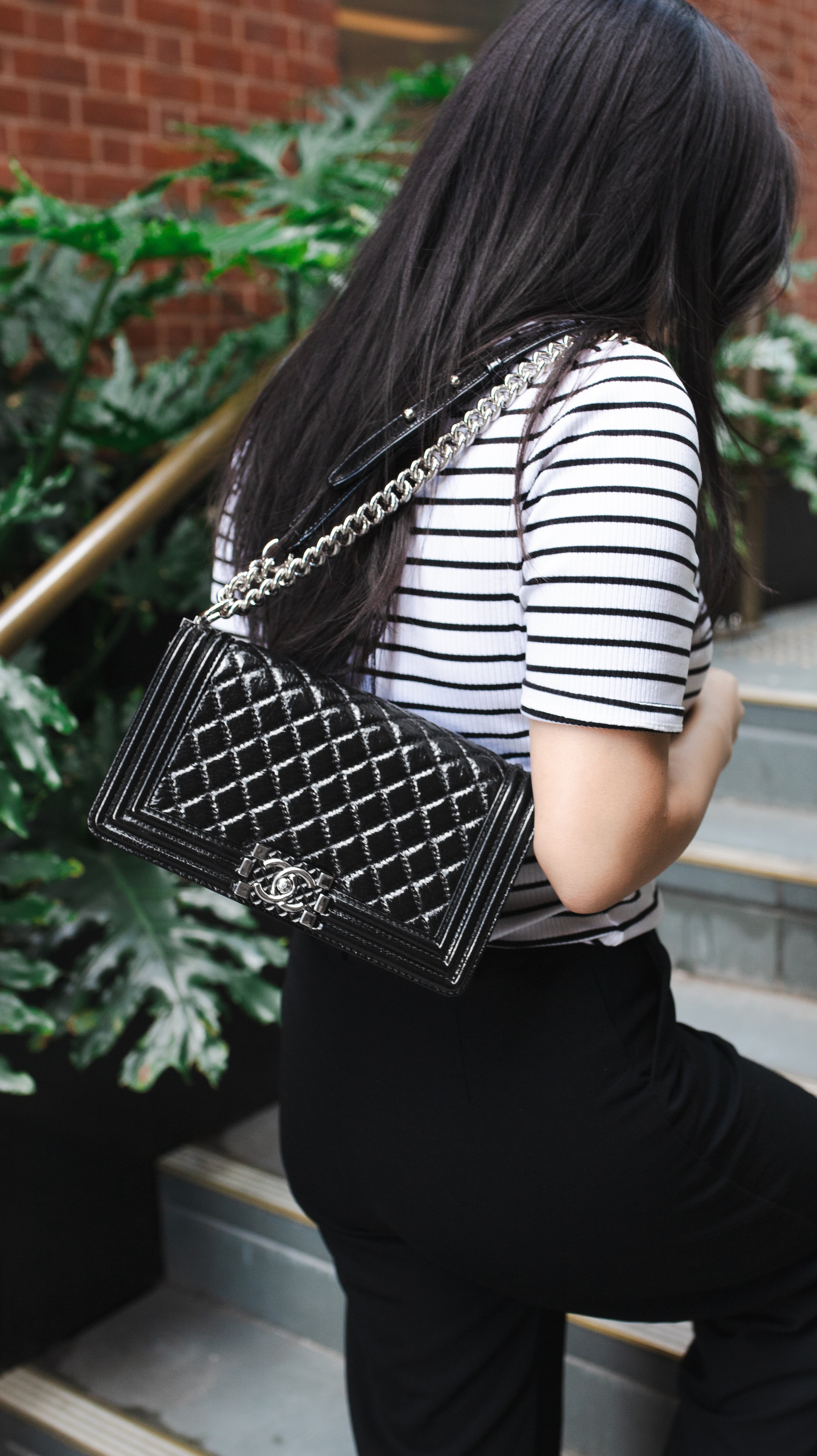 Chanel Black Crinkled Patent with Diamond Quilted Lock Medium Boy Bag