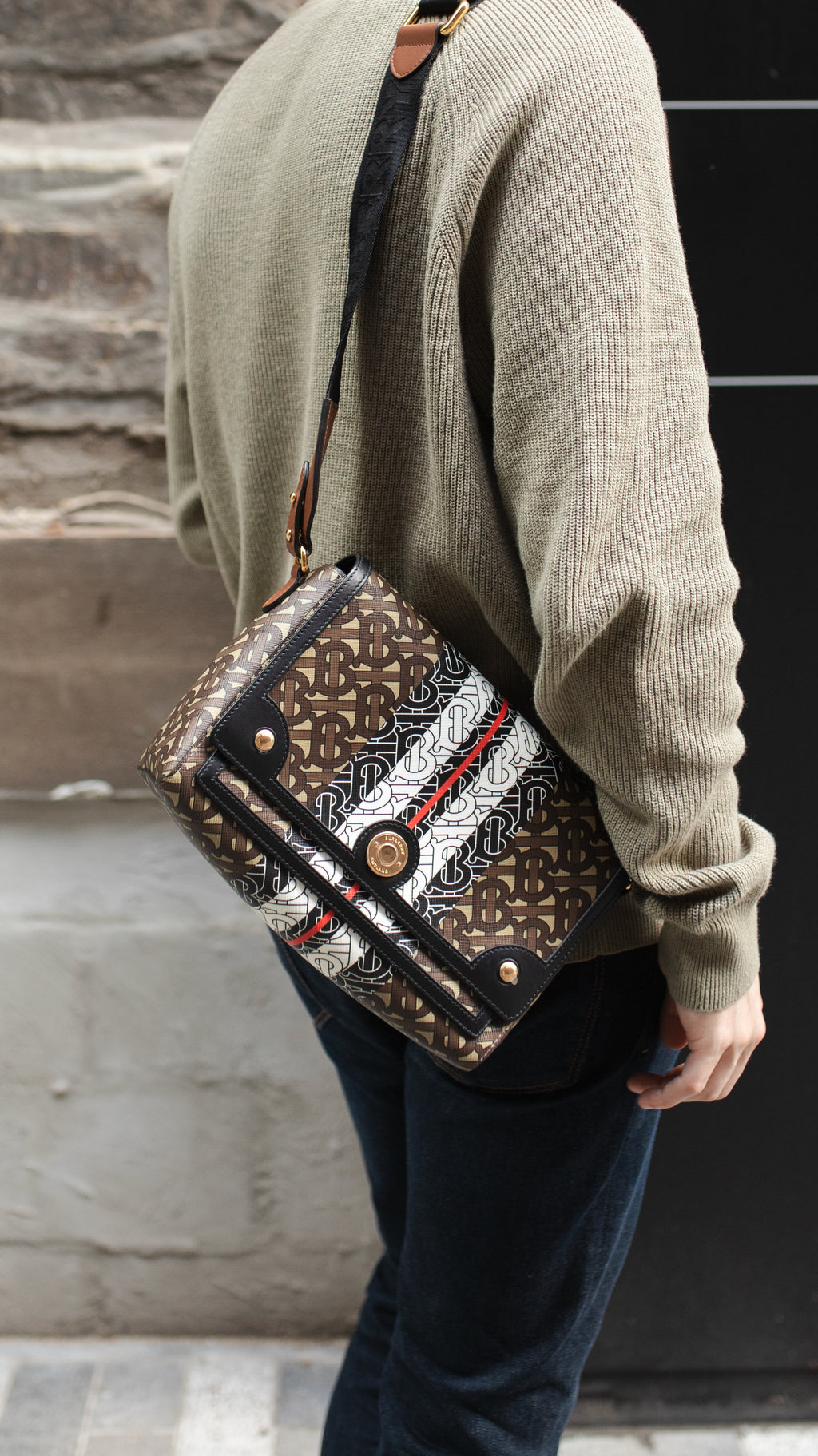 Burberry Monogram Stripe E-Canvas Note Crossbody Bag