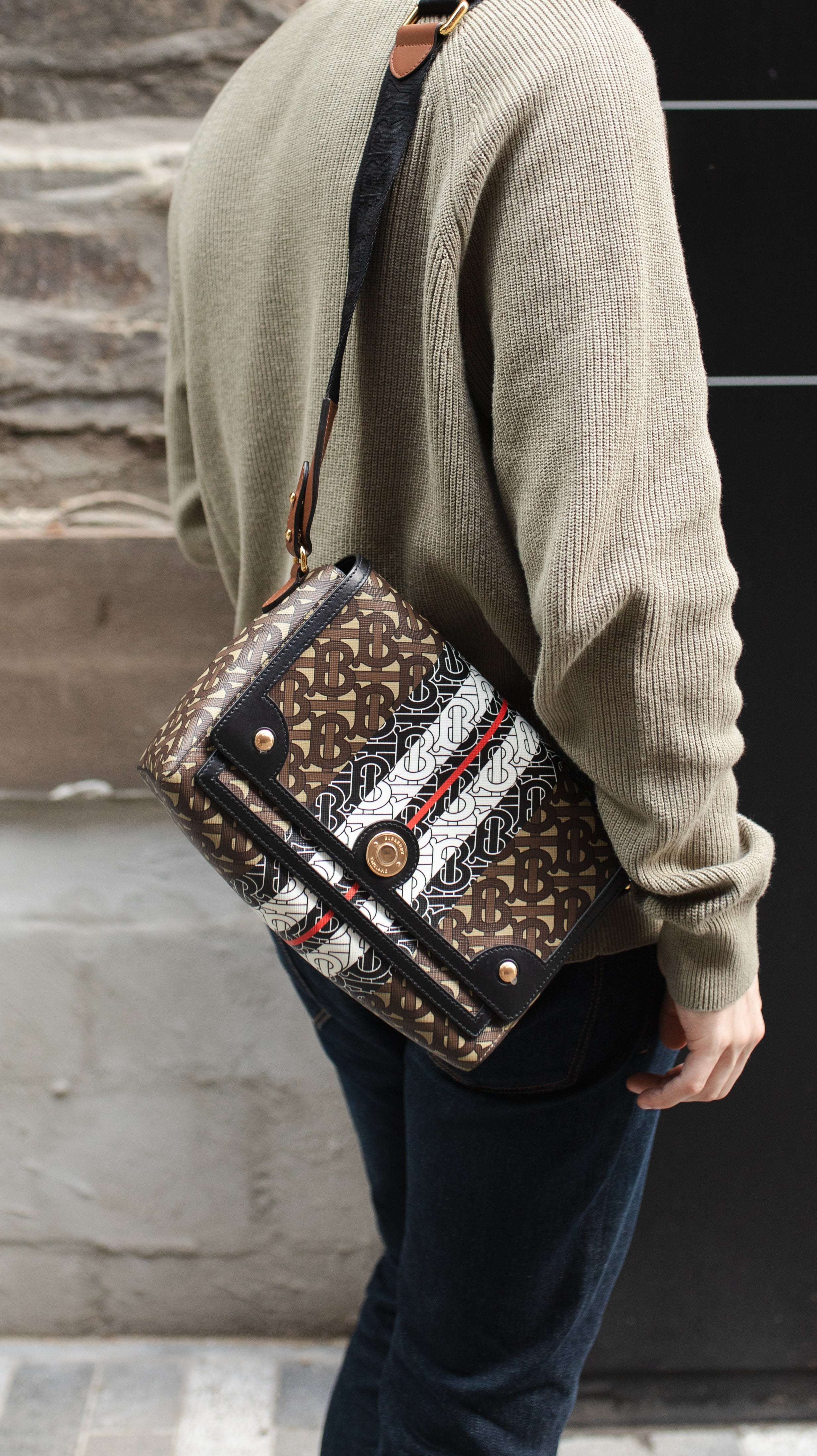 Burberry Monogram Stripe E-Canvas Note Crossbody Bag