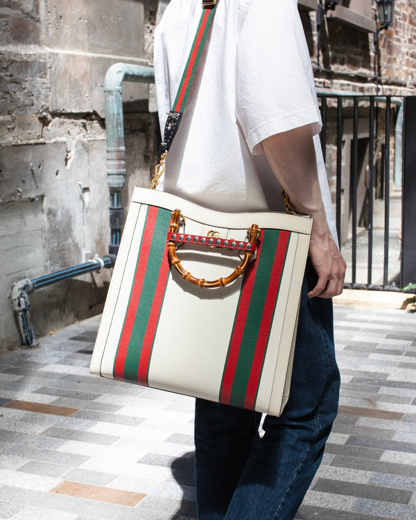 Gucci White Diana NM Stripe Bamboo Handle Bag
