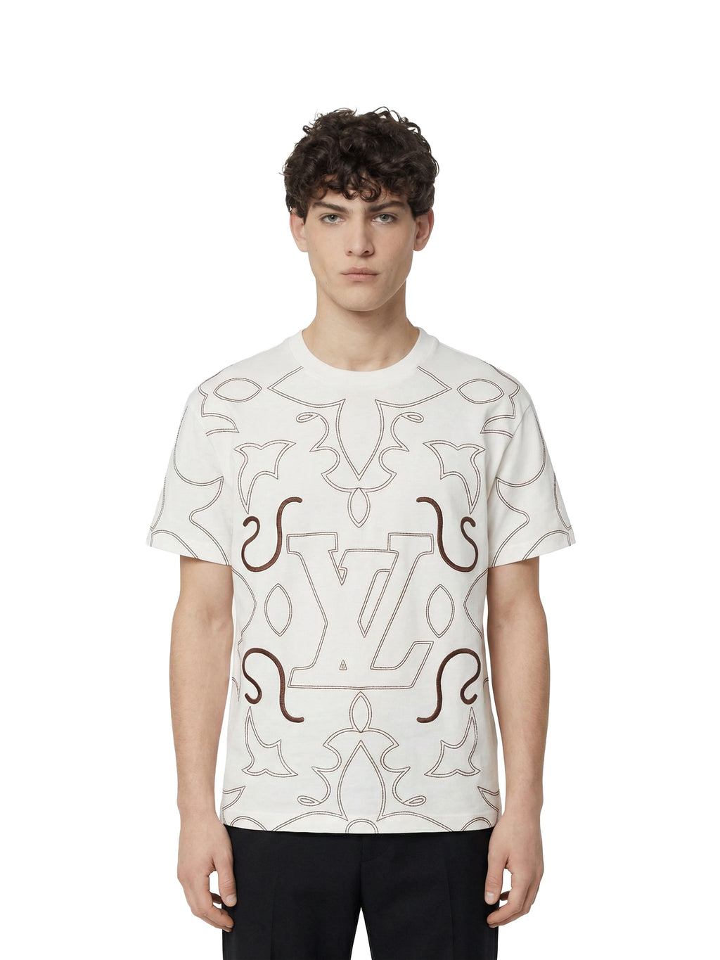 Louis Vuitton White/Brown Embroidered Cotton T-Shirt.