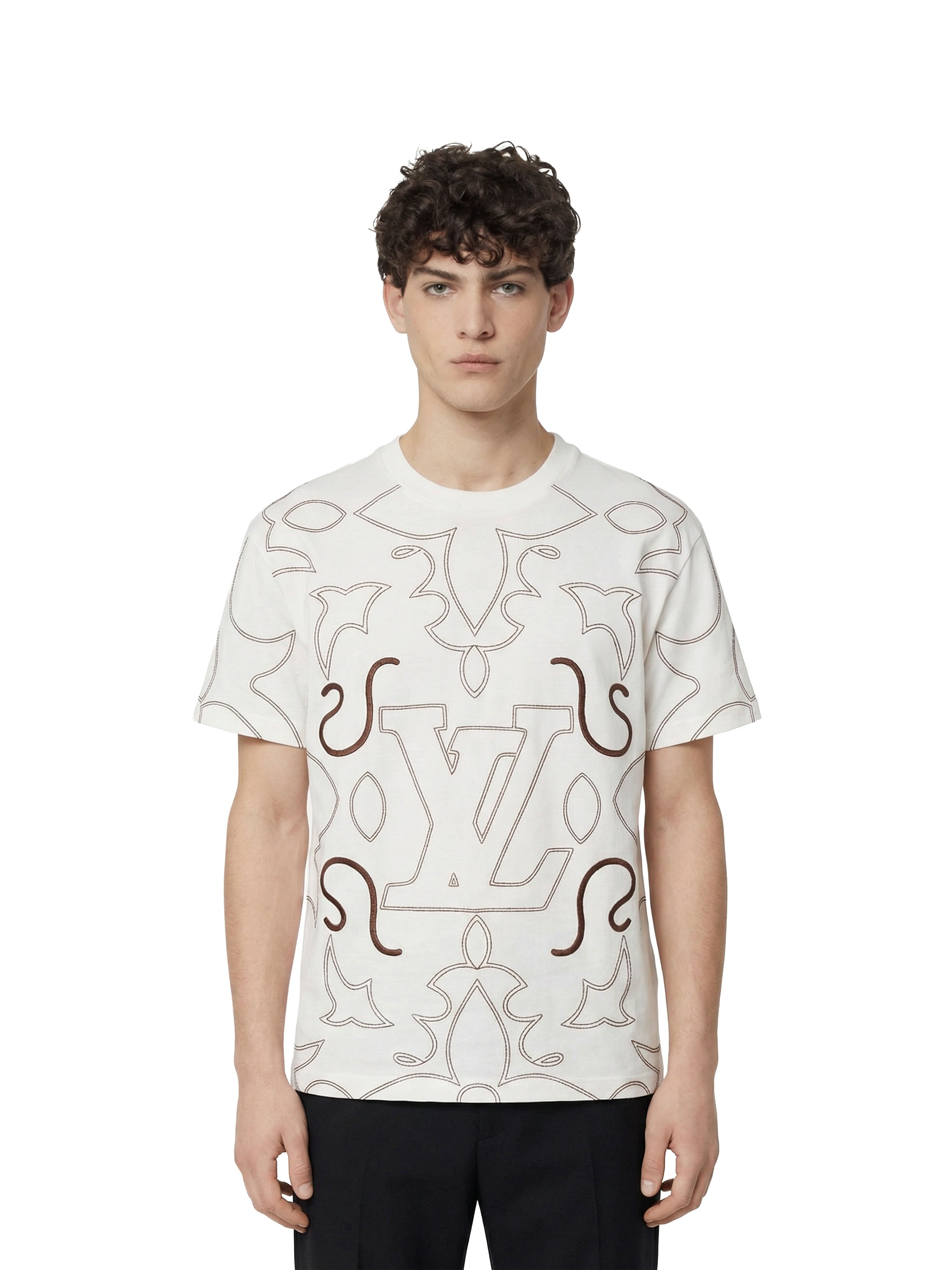 Louis Vuitton White/Brown Embroidered Cotton T-Shirt.
