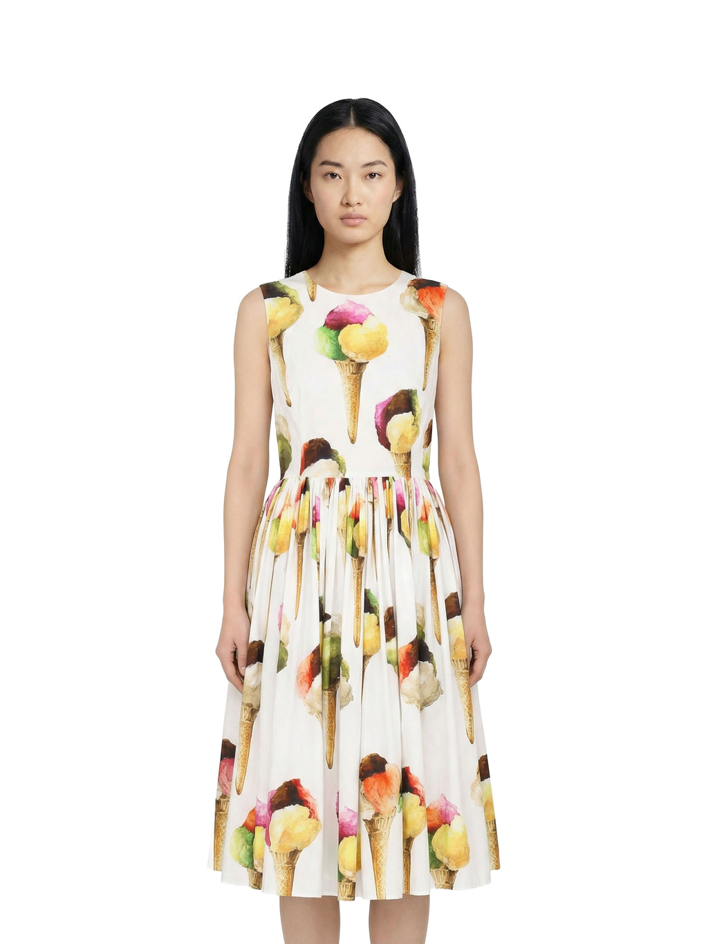 Dolce & Gabbana White Ice Cream Print Cotton Gathered Dress.