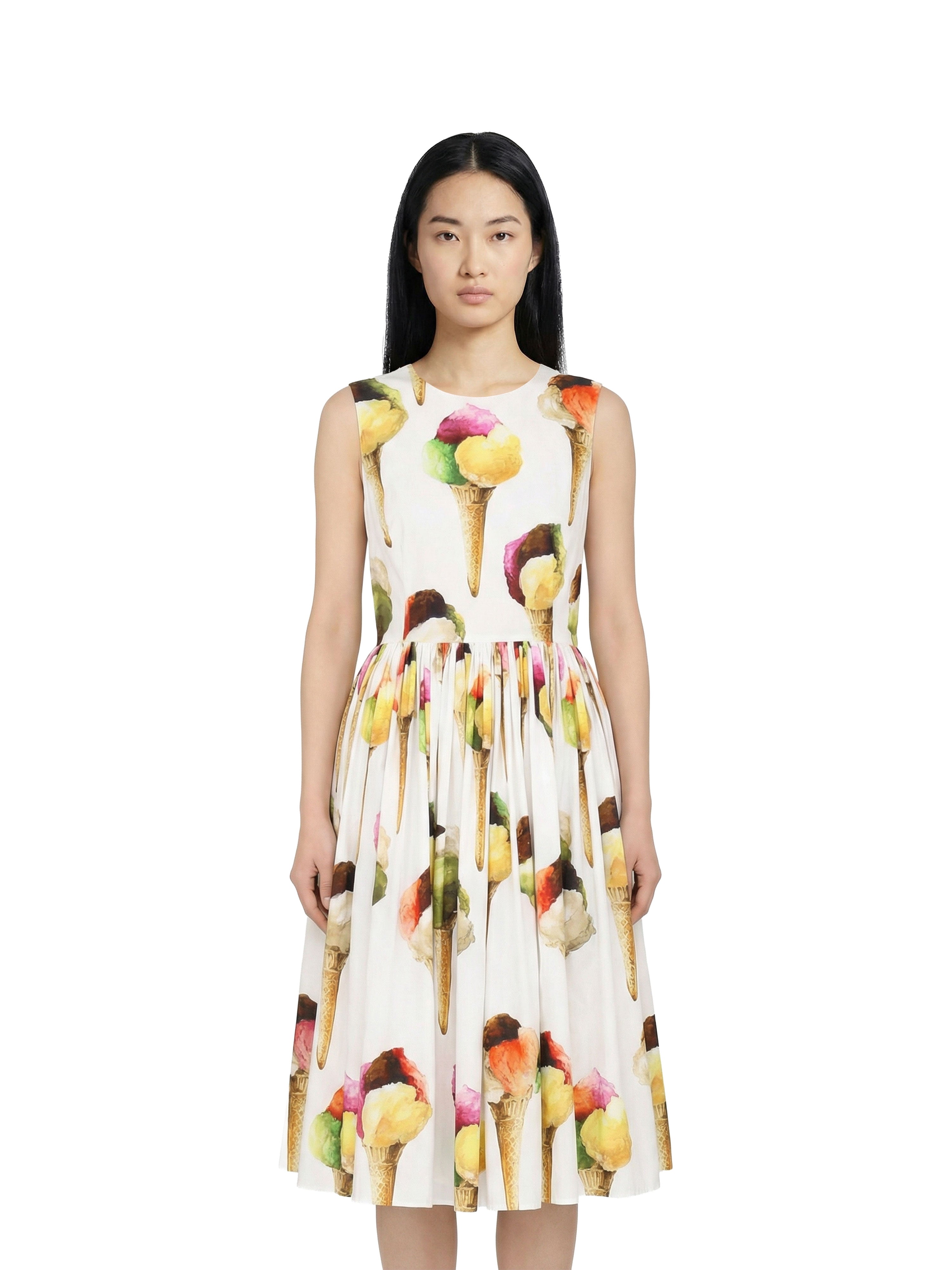 Dolce & Gabbana White Ice Cream Print Cotton Gathered Dress.