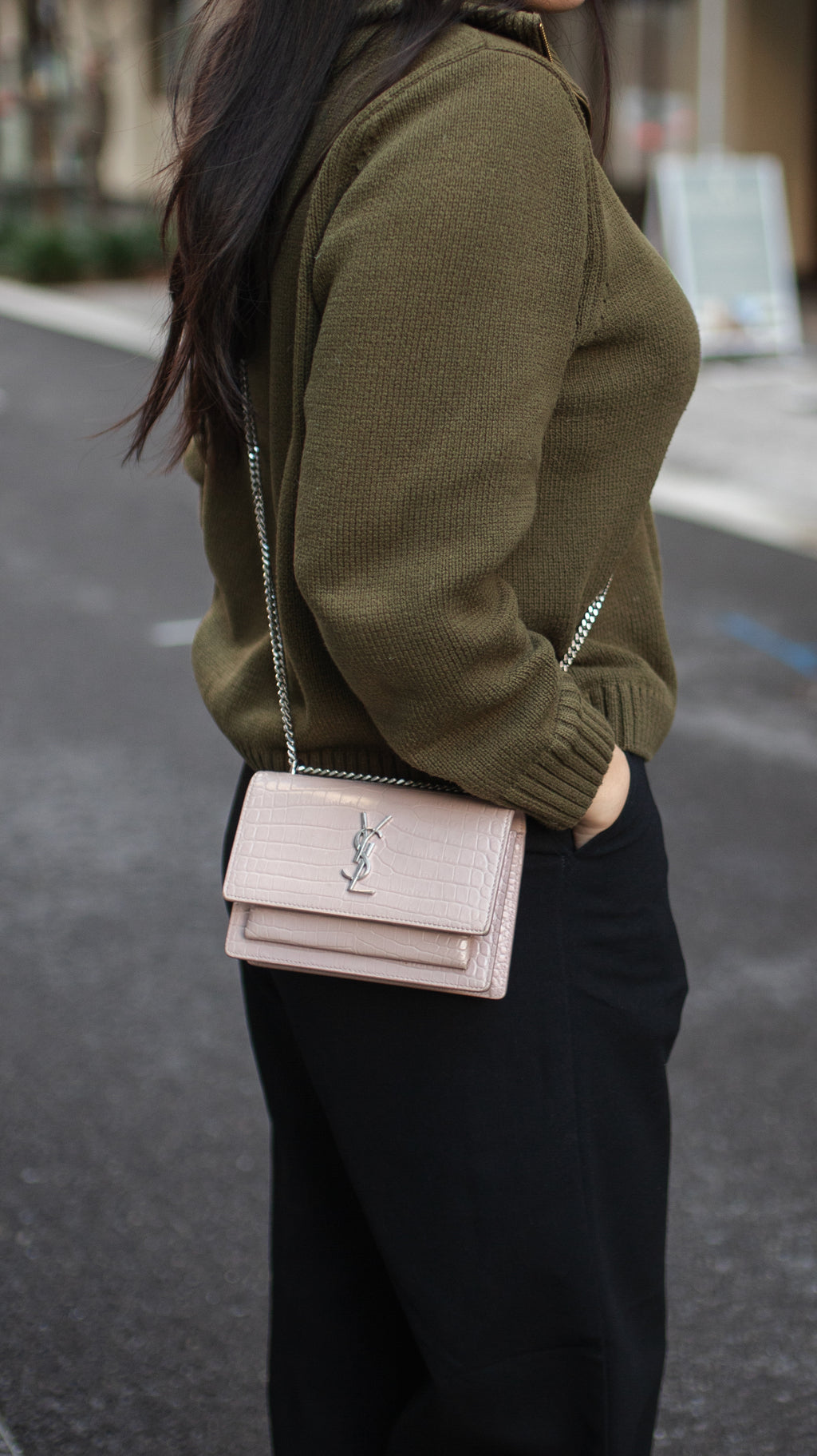 Saint Laurent Mini Pink Sunset Crocodile Embossed Leather Bag