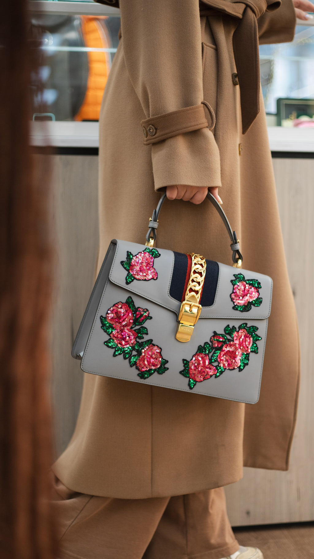 Gucci Medium Grey Floral Sequin Sylvie Top Handle Bag