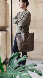 Loewe Large Dark Brown Puzzle Panelled Leather Tote Bag