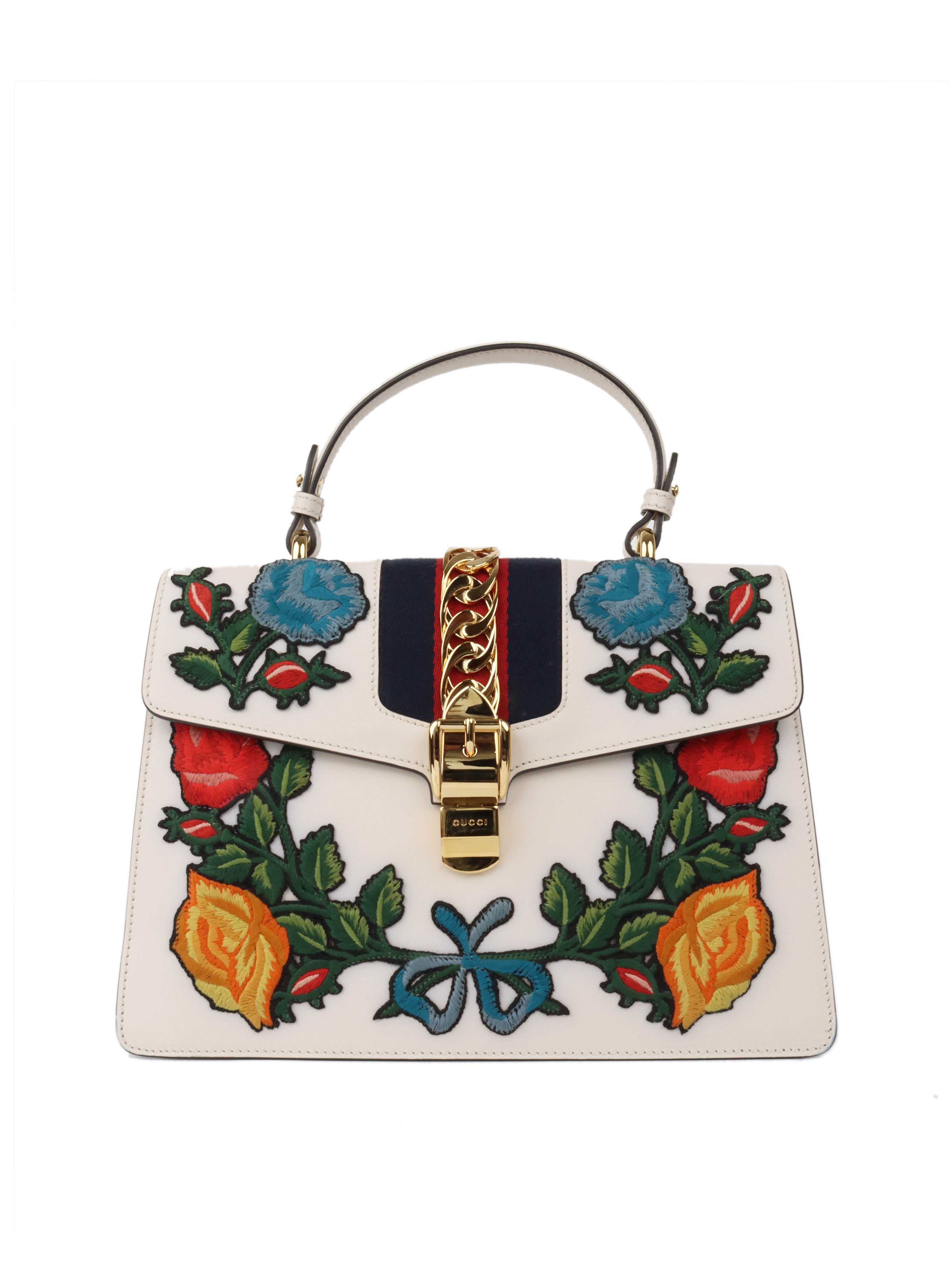 Gucci White Smooth Calfskin Leather Floral Embroidered Medium Sylvie Top Handle Bag