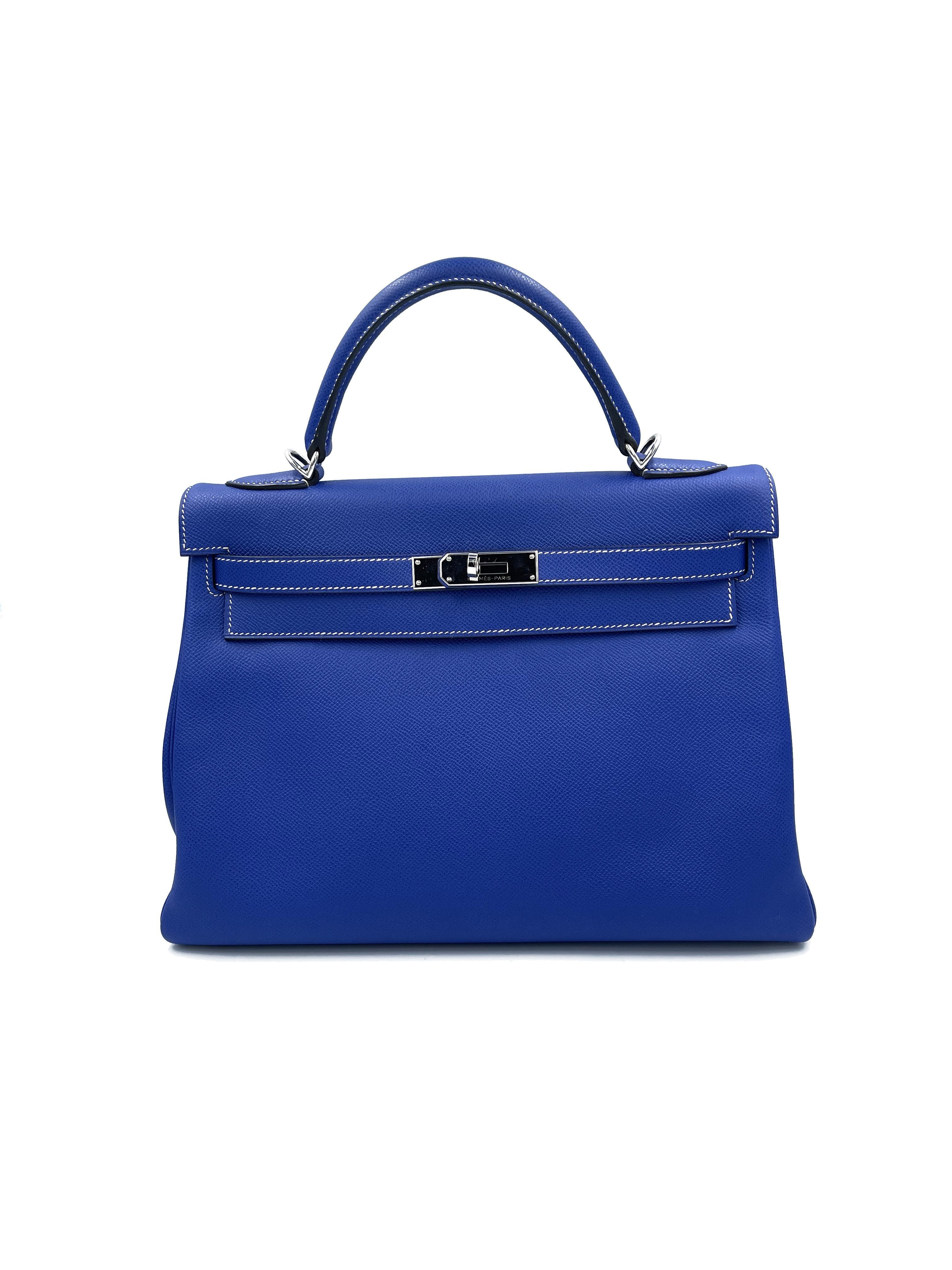 Hermes Kelly 32 Blue Electric Epsom Leather Bag