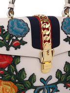Gucci White Smooth Calfskin Leather Floral Embroidered Medium Sylvie Top Handle Bag