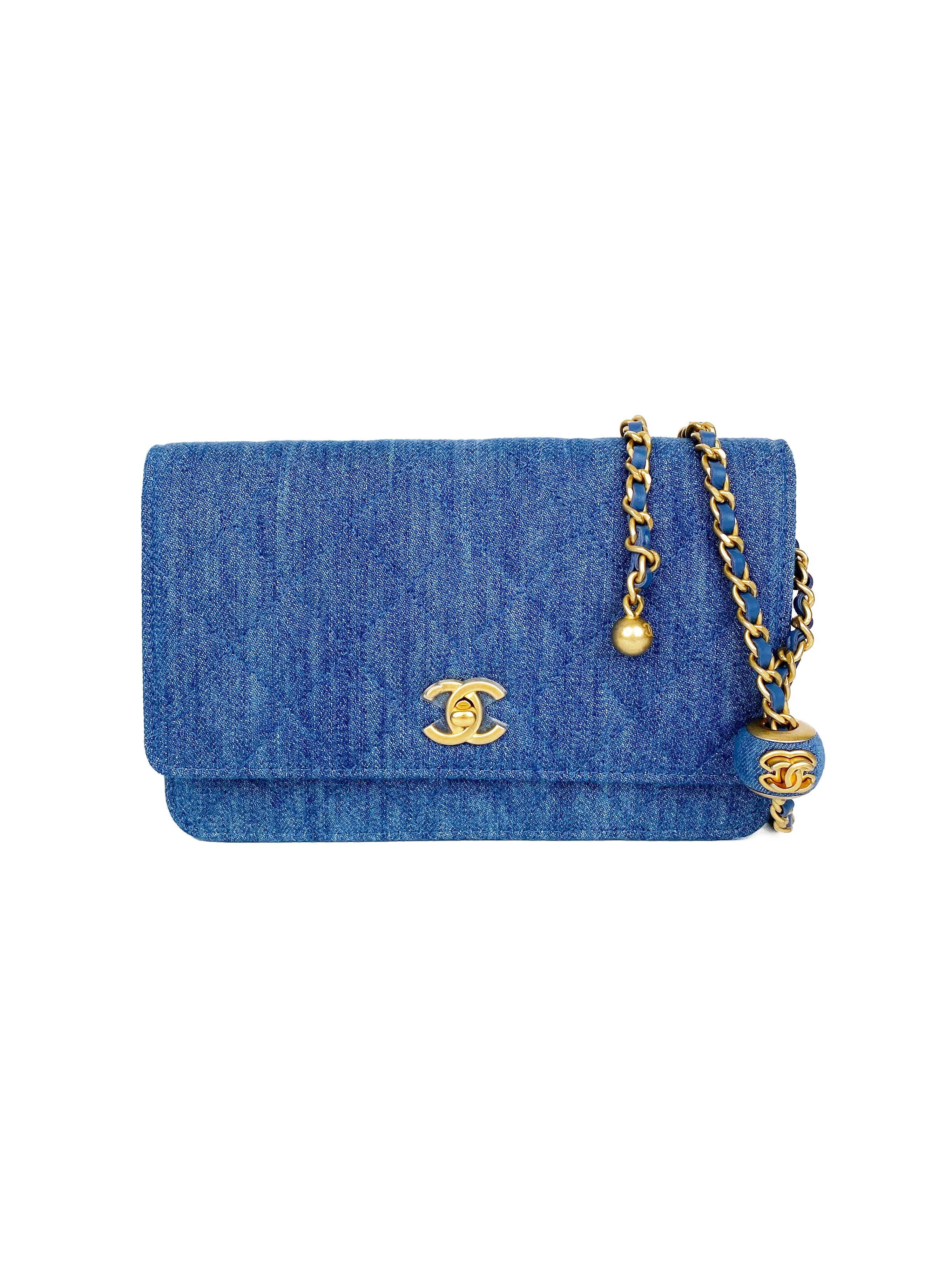 Chanel 22C Denim Wallet on Chain with Pearl Crush
