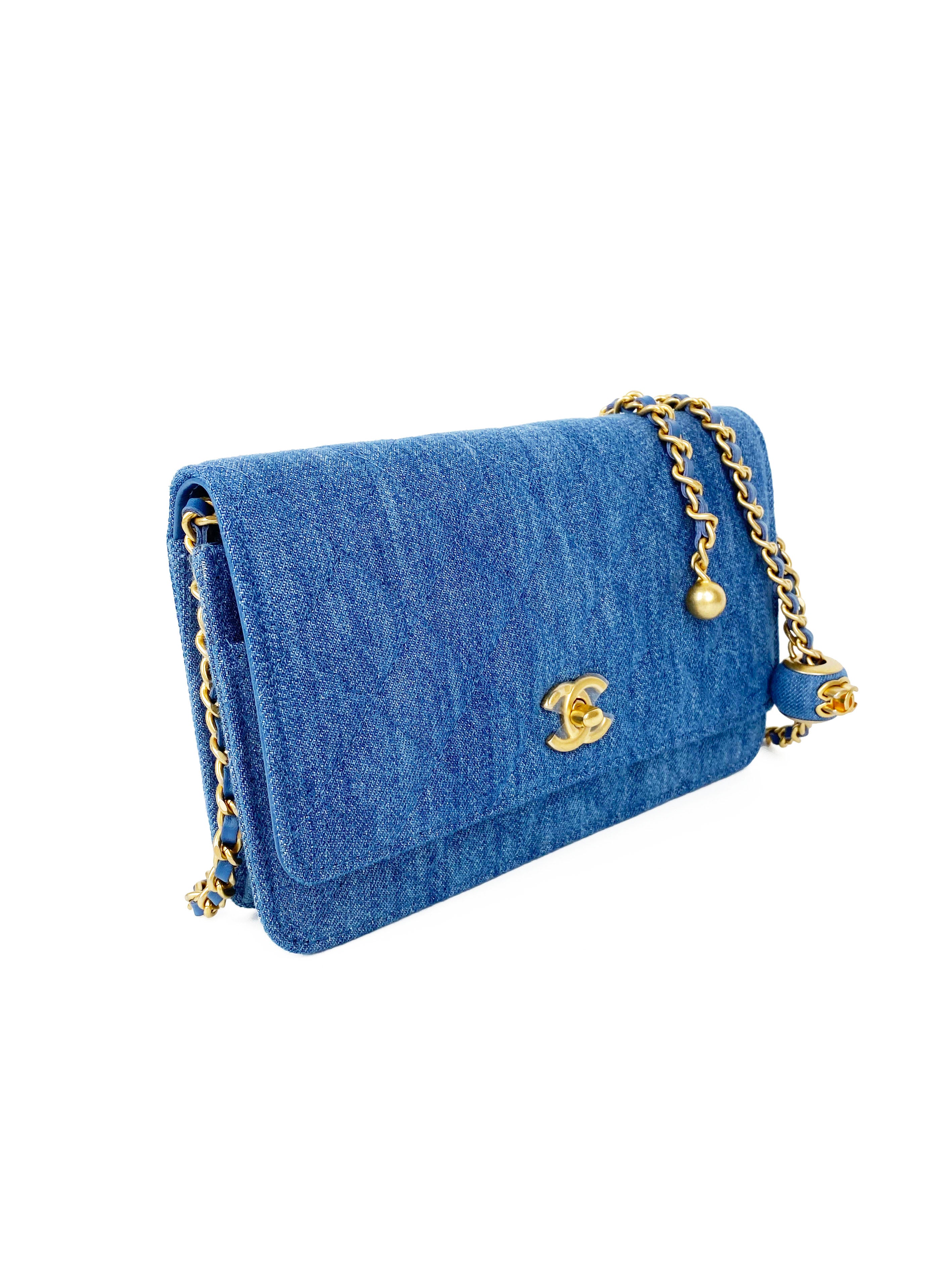 Chanel 22C Denim Wallet on Chain with Pearl Crush