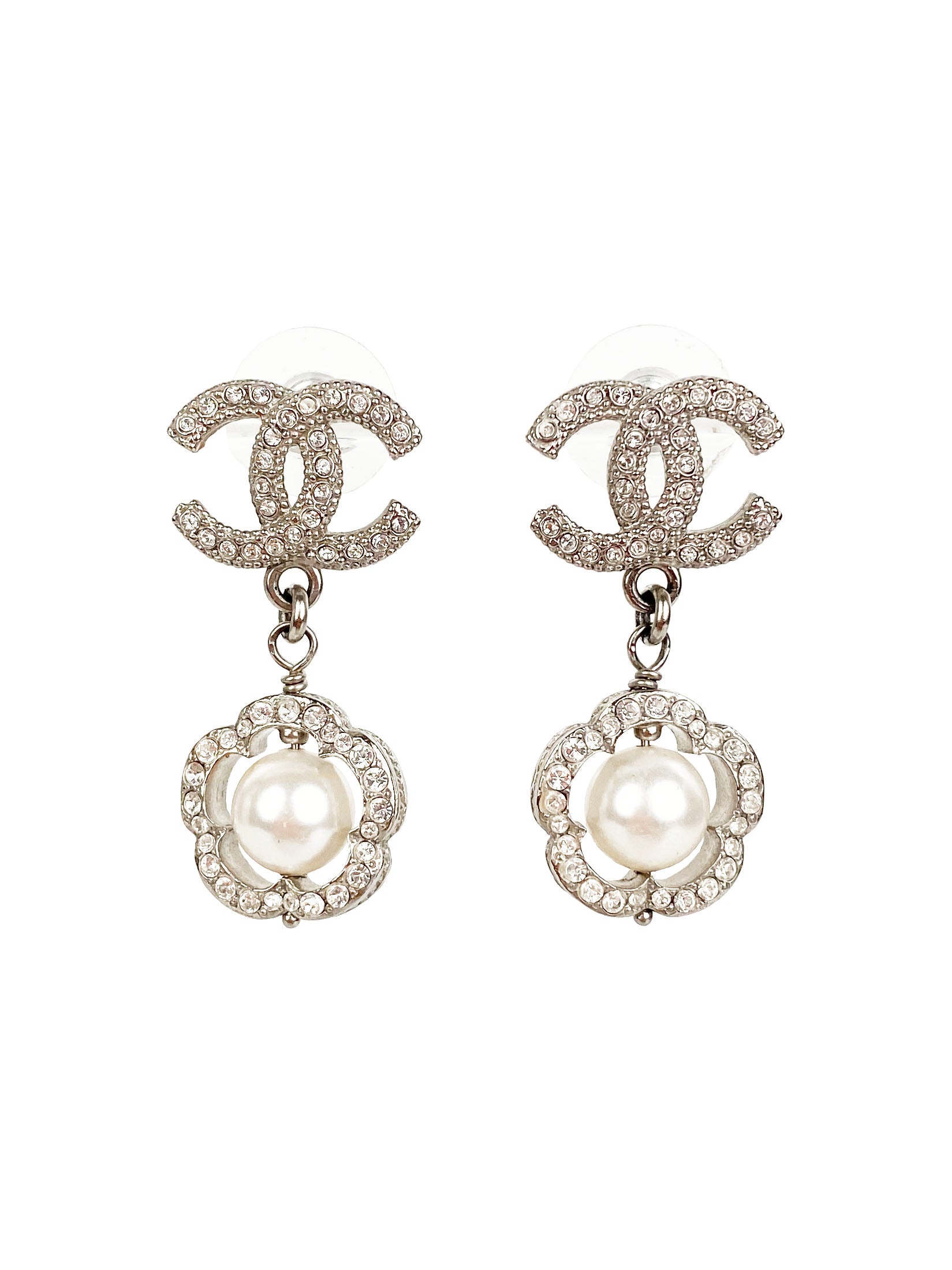 Chanel CC Crystal Flower Framed Pearl Earrings