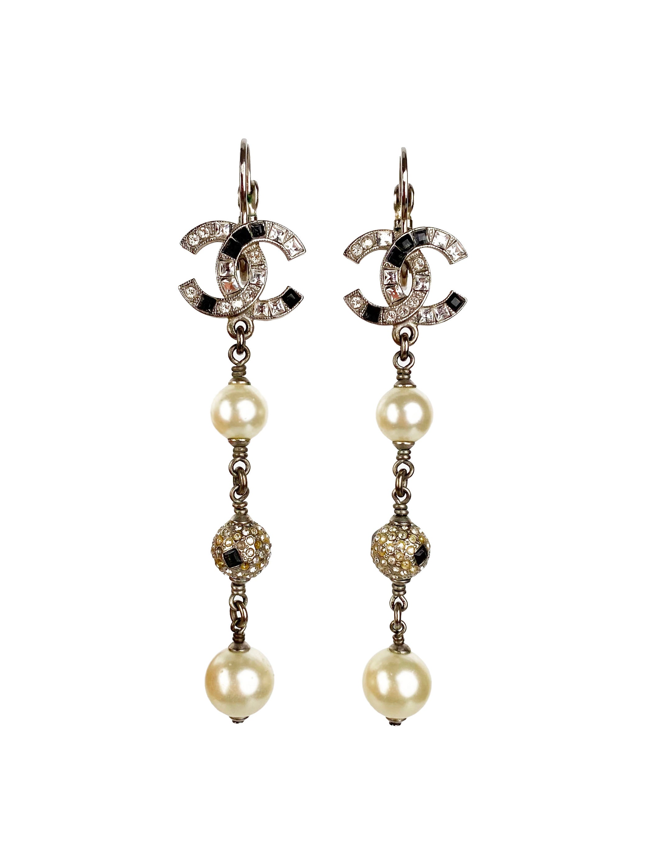 Chanel CC Crystal & Pearl Ball Drop Earrings