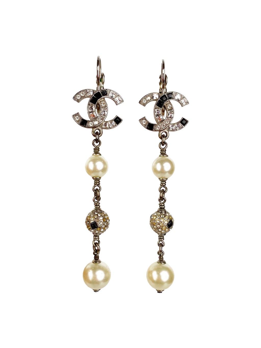 Chanel CC Crystal & Pearl Ball Drop Earrings