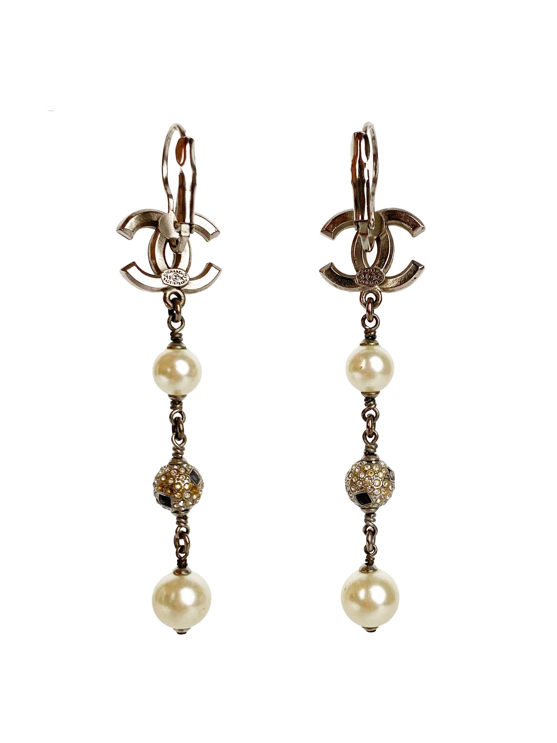 Chanel CC Crystal & Pearl Ball Drop Earrings