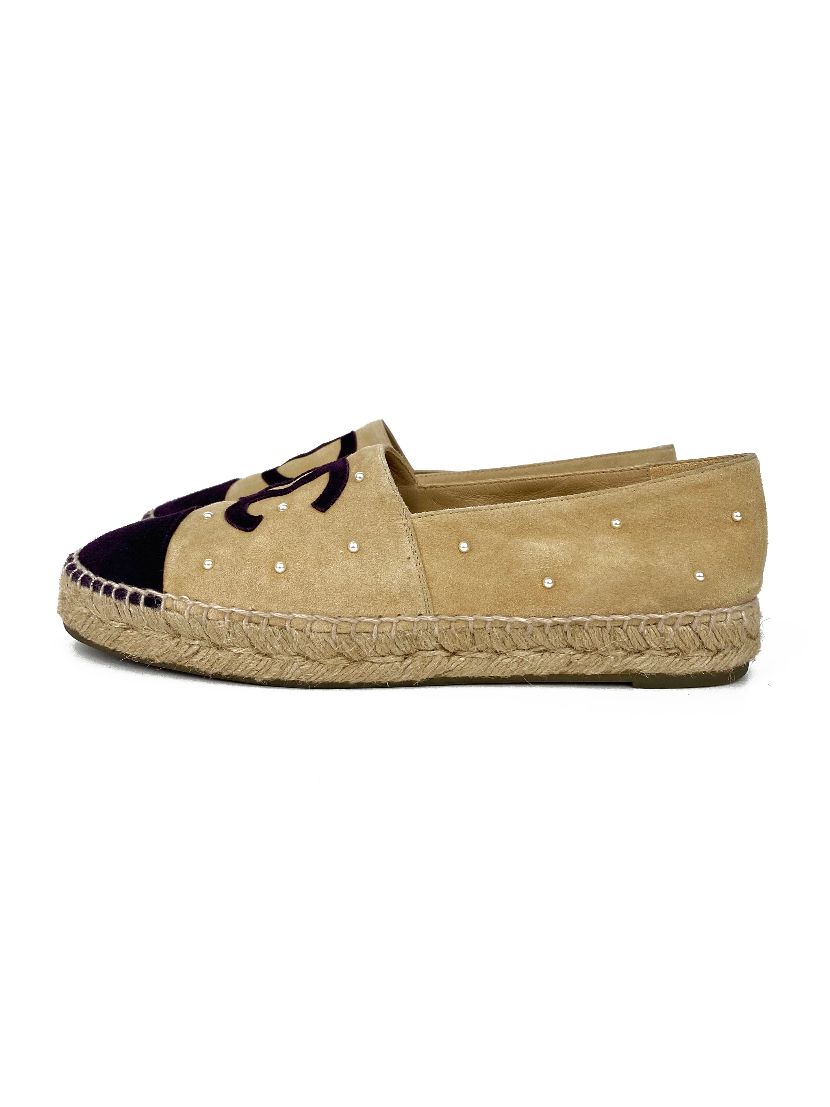 Chanel CC Pearl Studded Suede Espadrilles 39