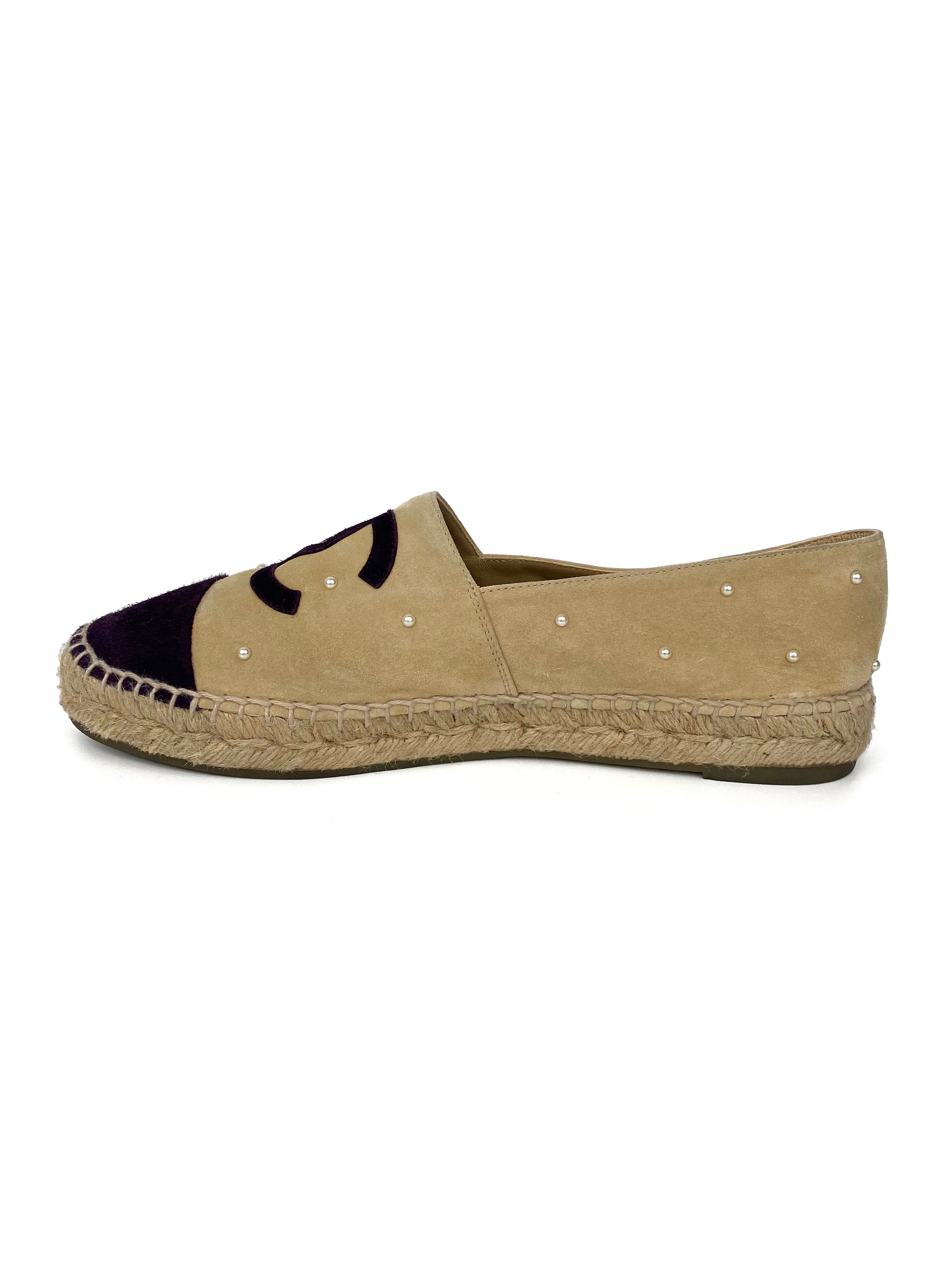 Chanel CC Pearl Studded Suede Espadrilles 39
