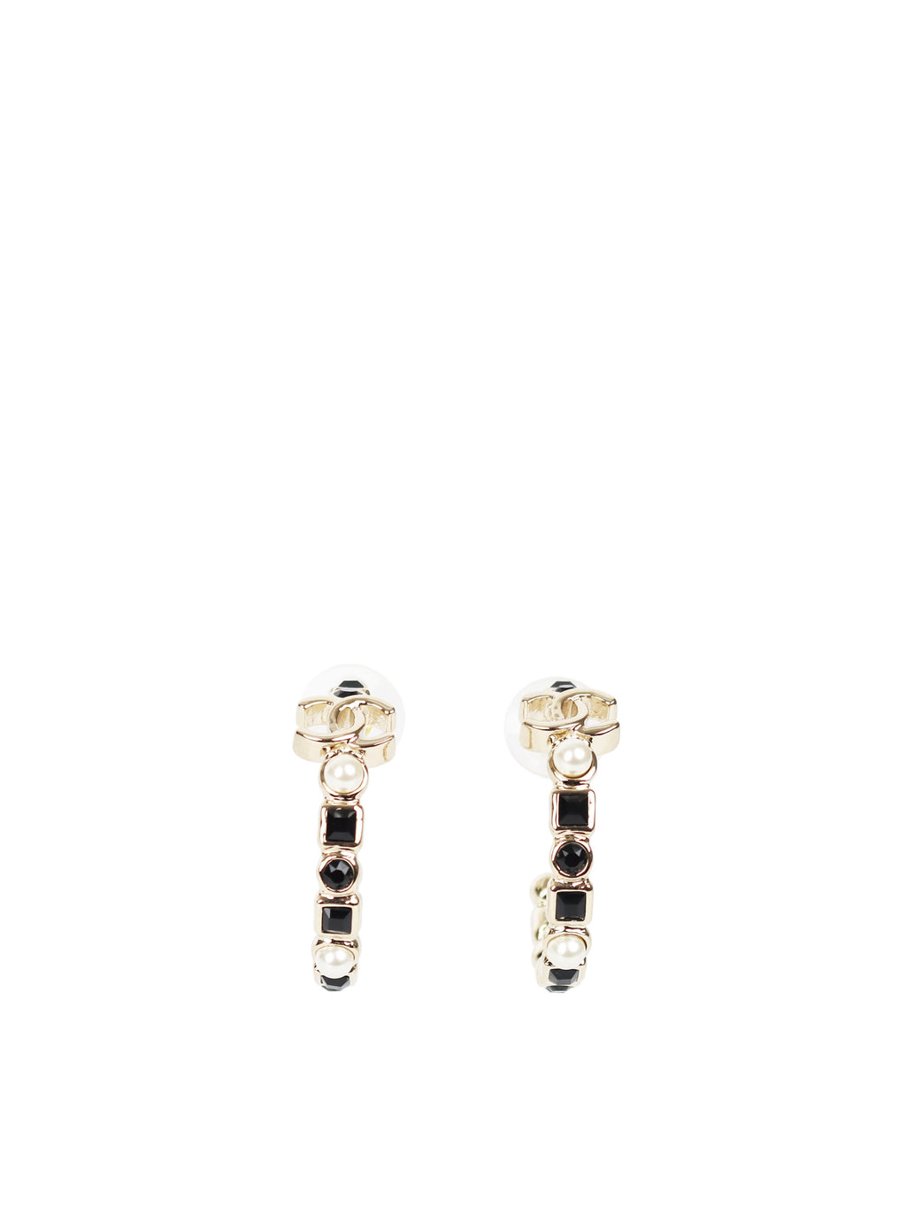Chanel CC Pearl and Black Gemstone Hoop Earrings