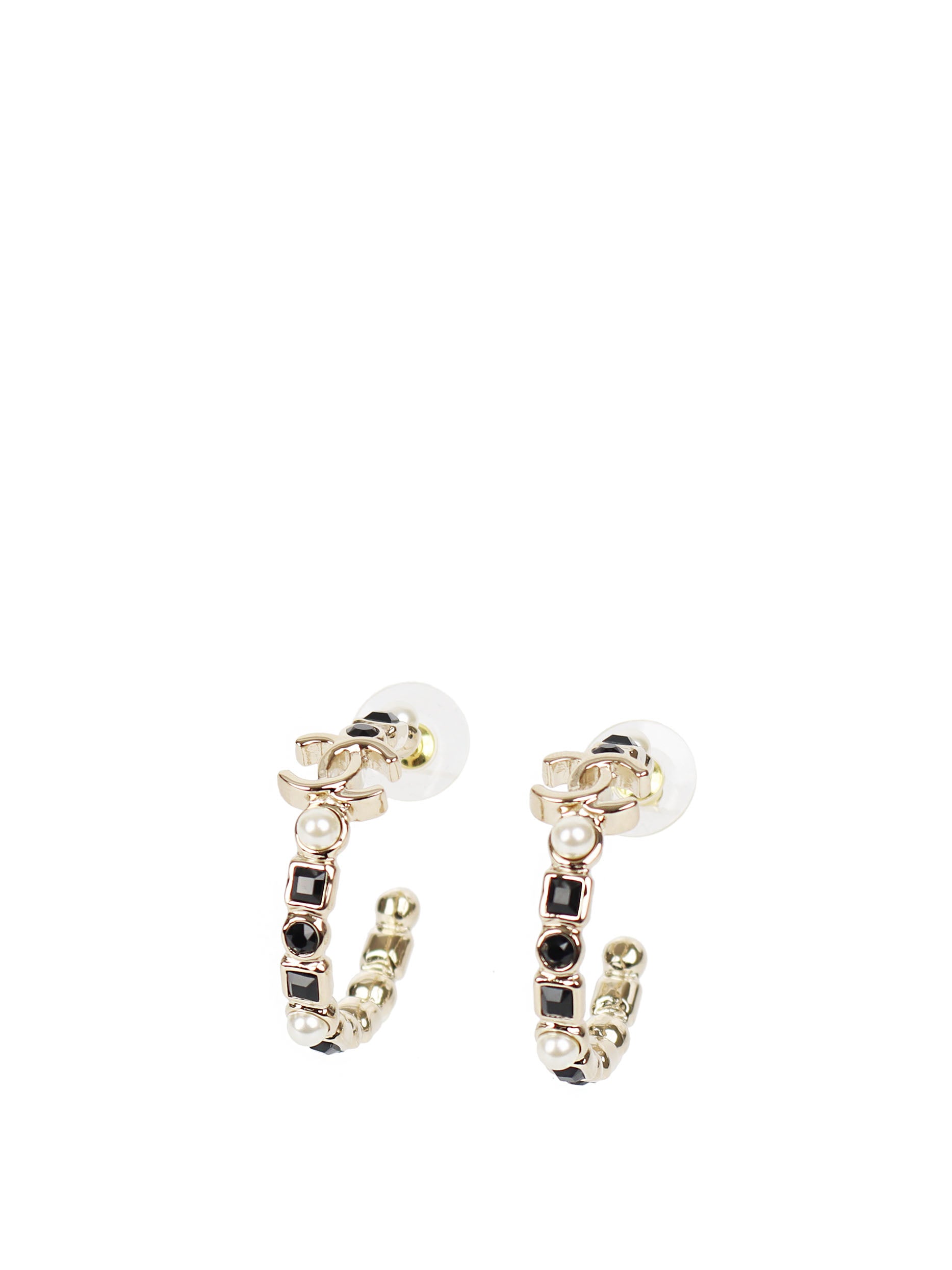 Chanel CC Pearl and Black Gemstone Hoop Earrings