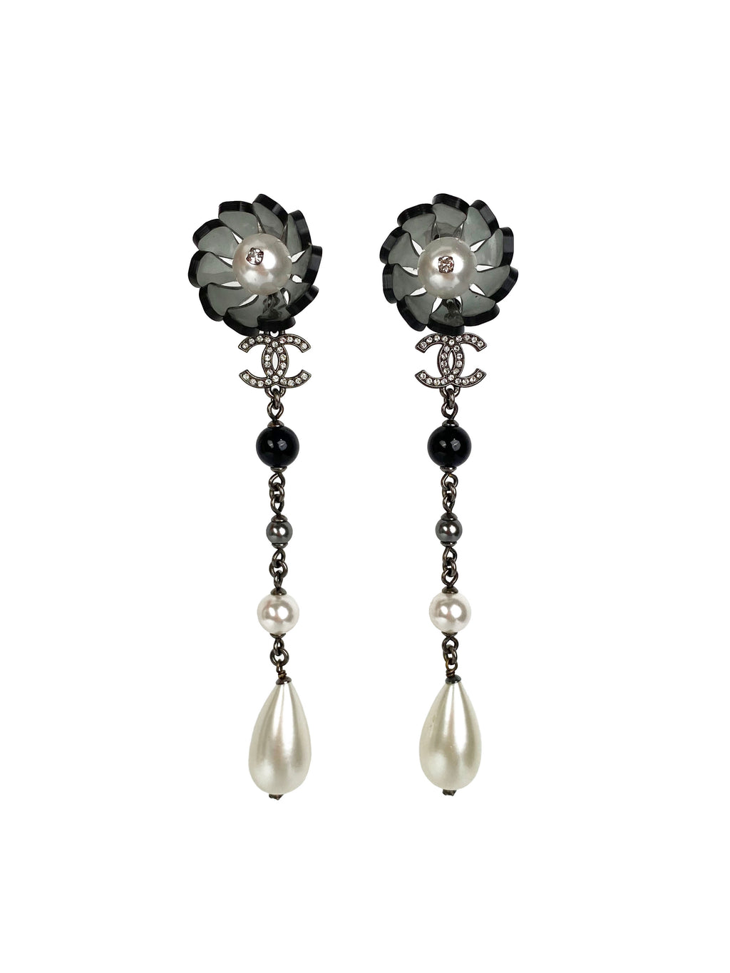 Chanel Flower & Pearl Clip-On Drop Earrings