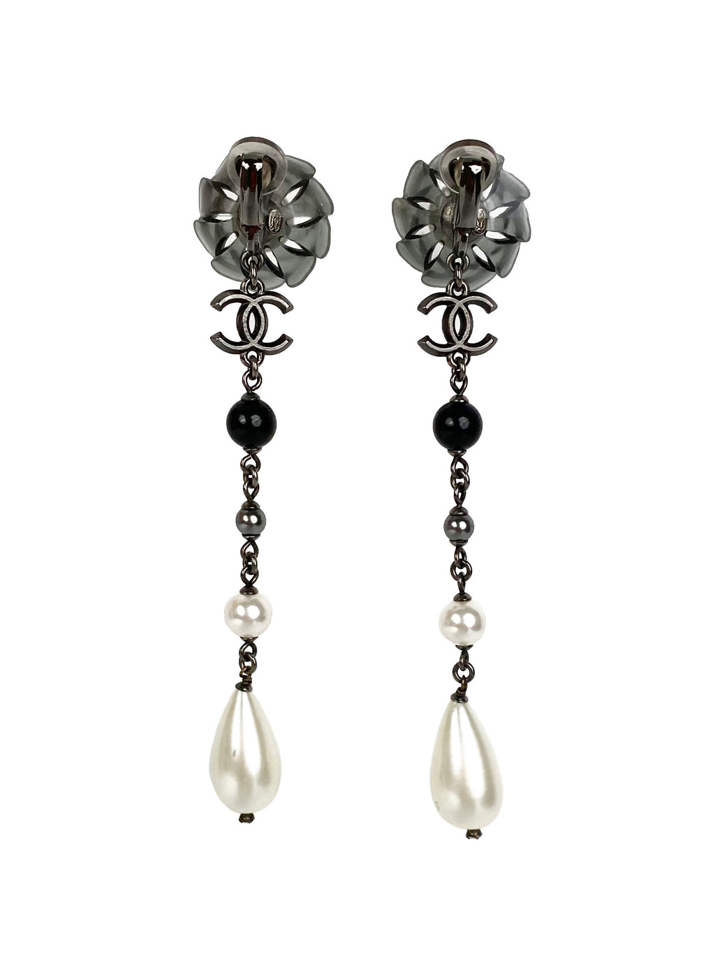 Chanel Flower & Pearl Clip-On Drop Earrings