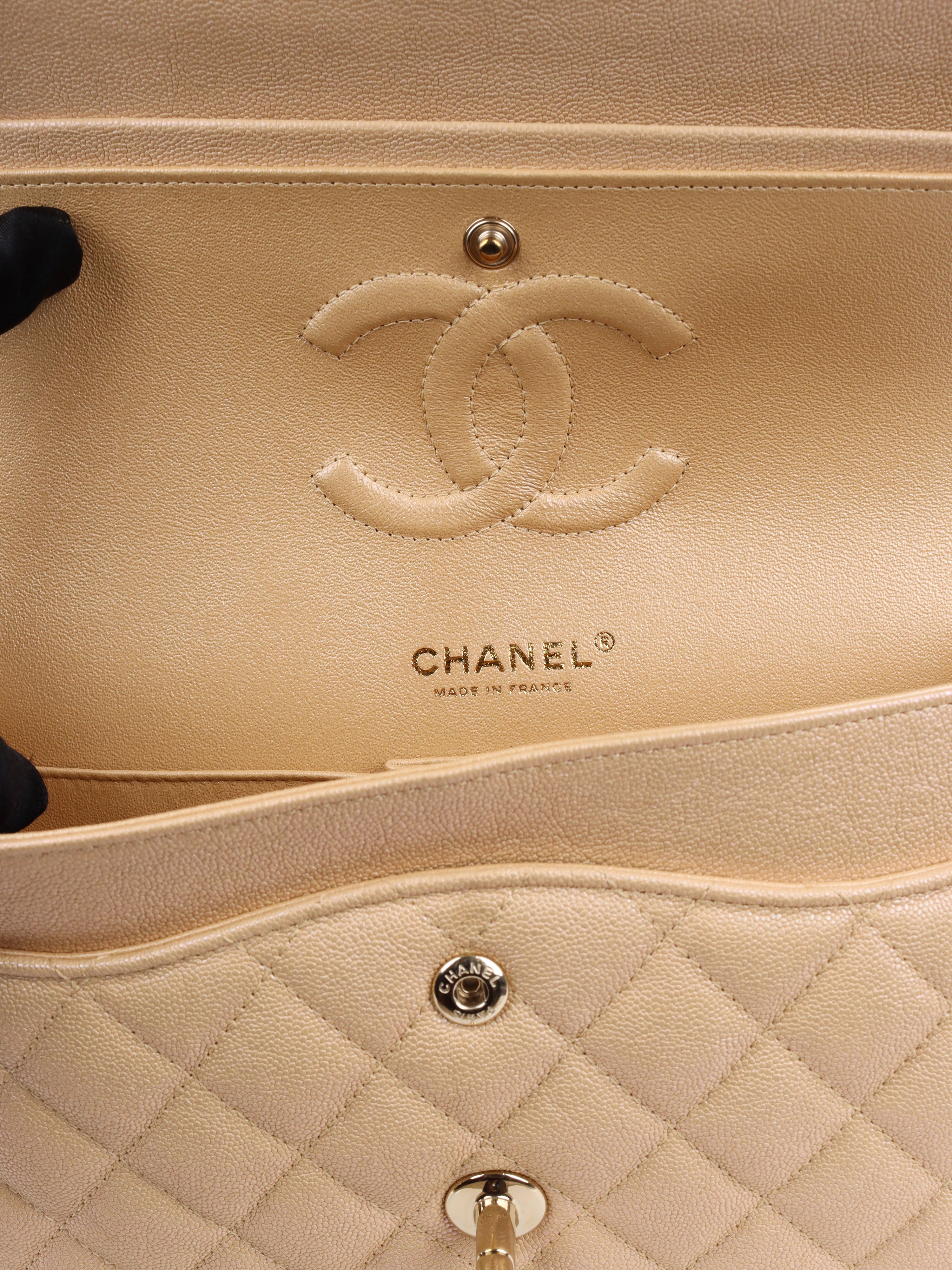 Chanel Iridescent Beige Caviar Medium Double Classic Flap LGHW