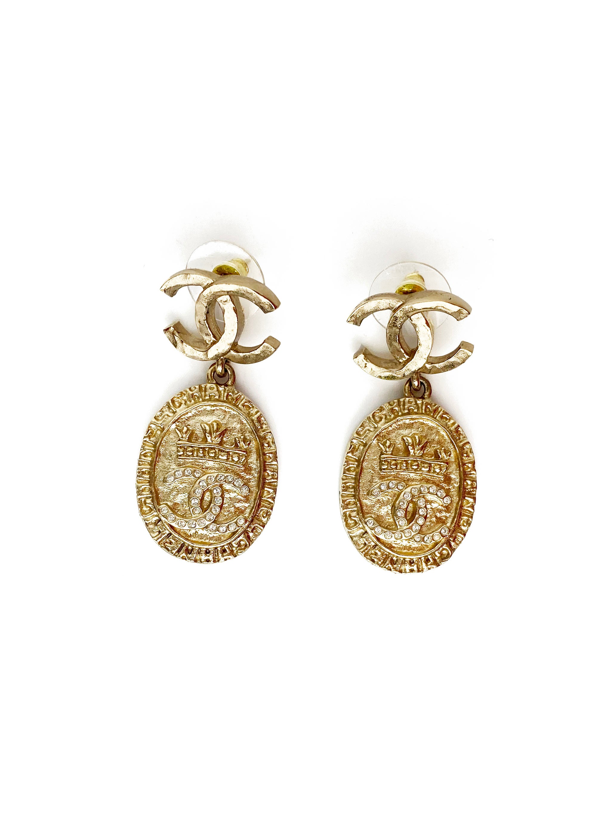 Chanel Light Gold CC Oval Crown Earrings