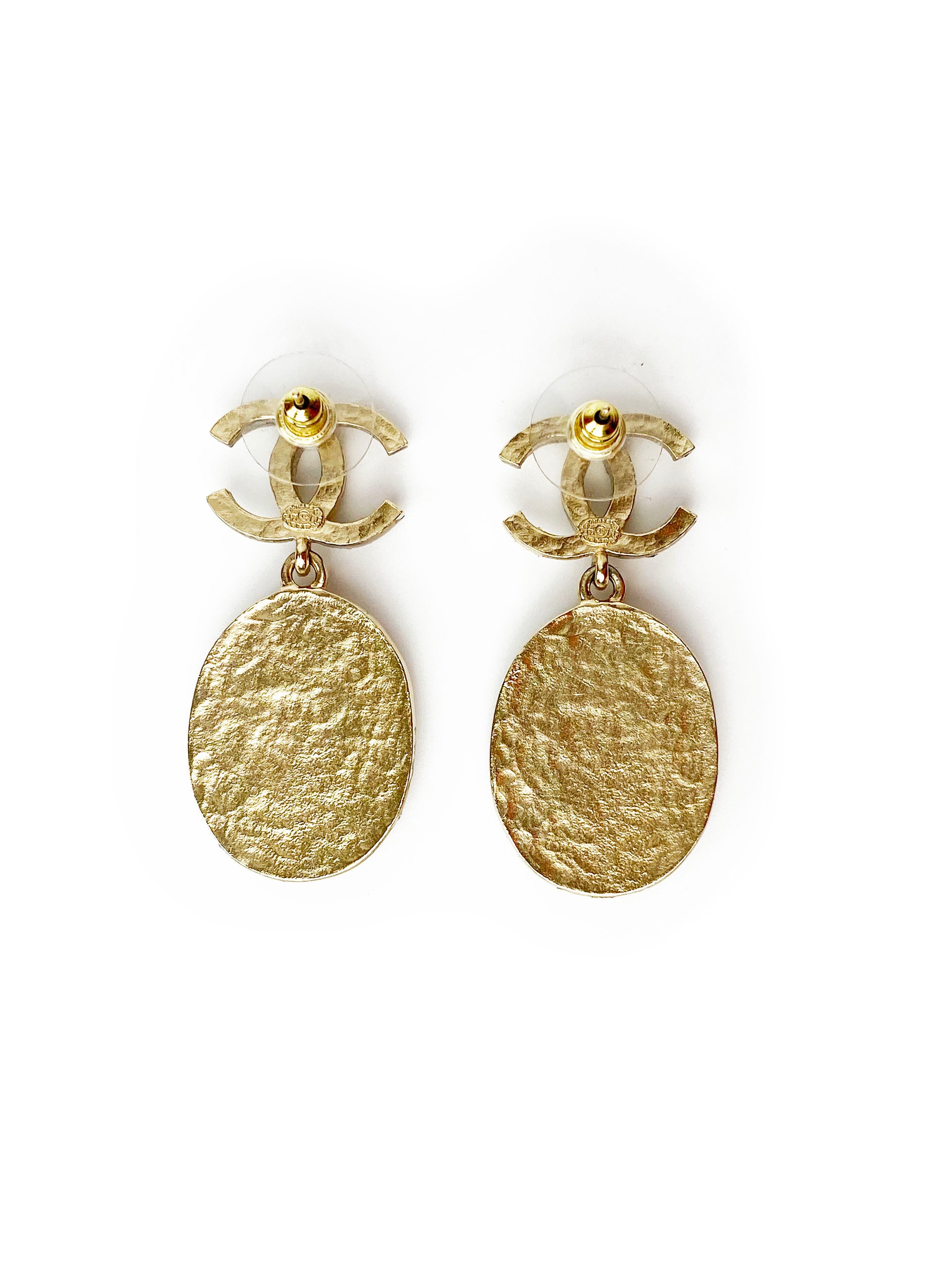 Chanel Light Gold CC Oval Crown Earrings